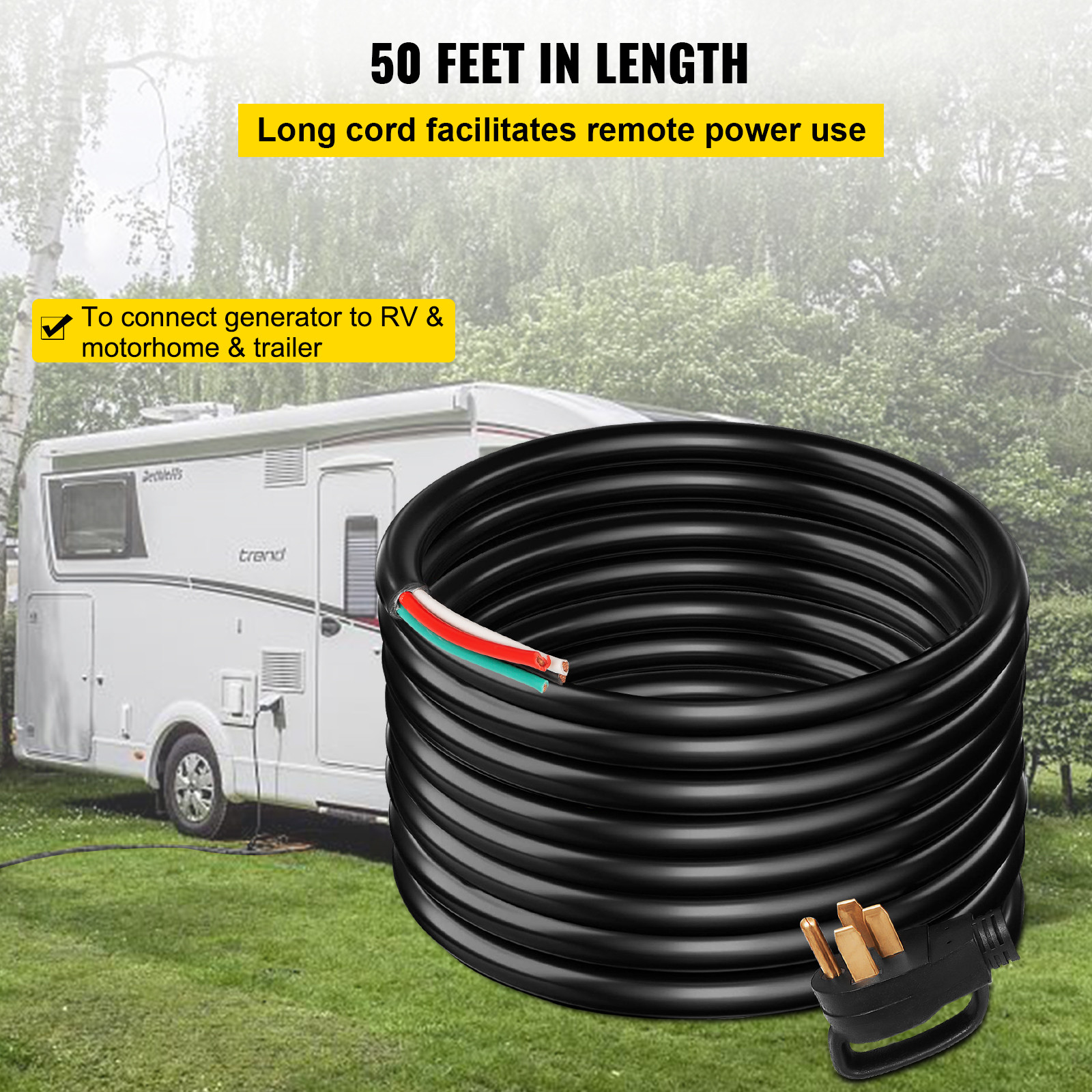 VEVOR 50A 50ft RV/Generator Extension Cord N14-50 to Bare Wire STW 6/3+8/1 Cable