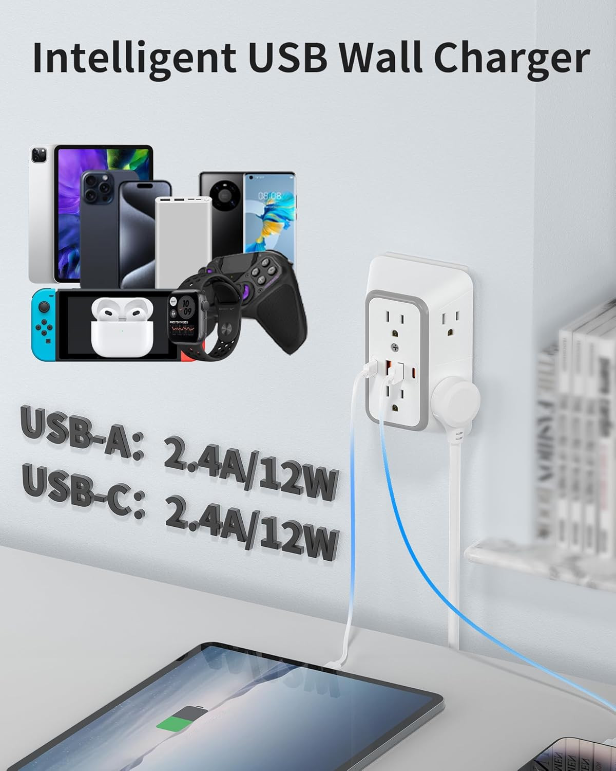 Outlet Extender, Multi Plug Wall Outlet with 6 AC Outlets and 4 USB Ports(2 USB