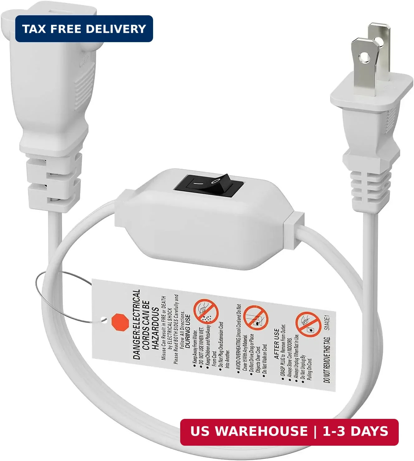 On Off Switch Extension Cord [2-Feet], 2-Prong/2 Outlet Polarized Extension Cord
