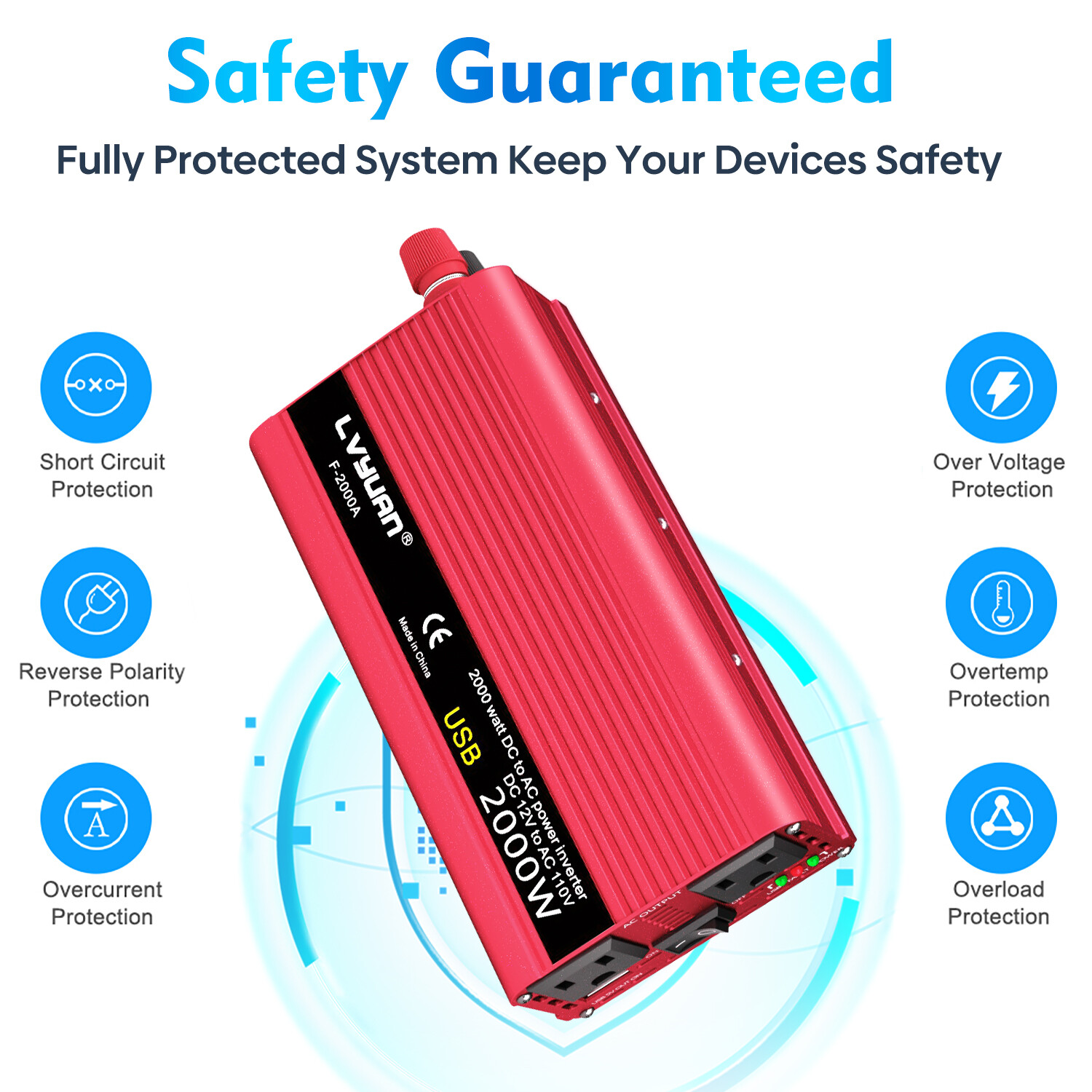 1000W / 2000W Peak Power Inverter 12V DC to 110V AC Converter with Battery Clamp