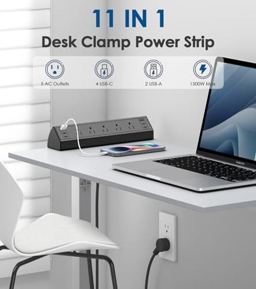Desk Clamp Power Strip USB C,40W Total 5 Outlets & 6 USB Ports – 40W Black