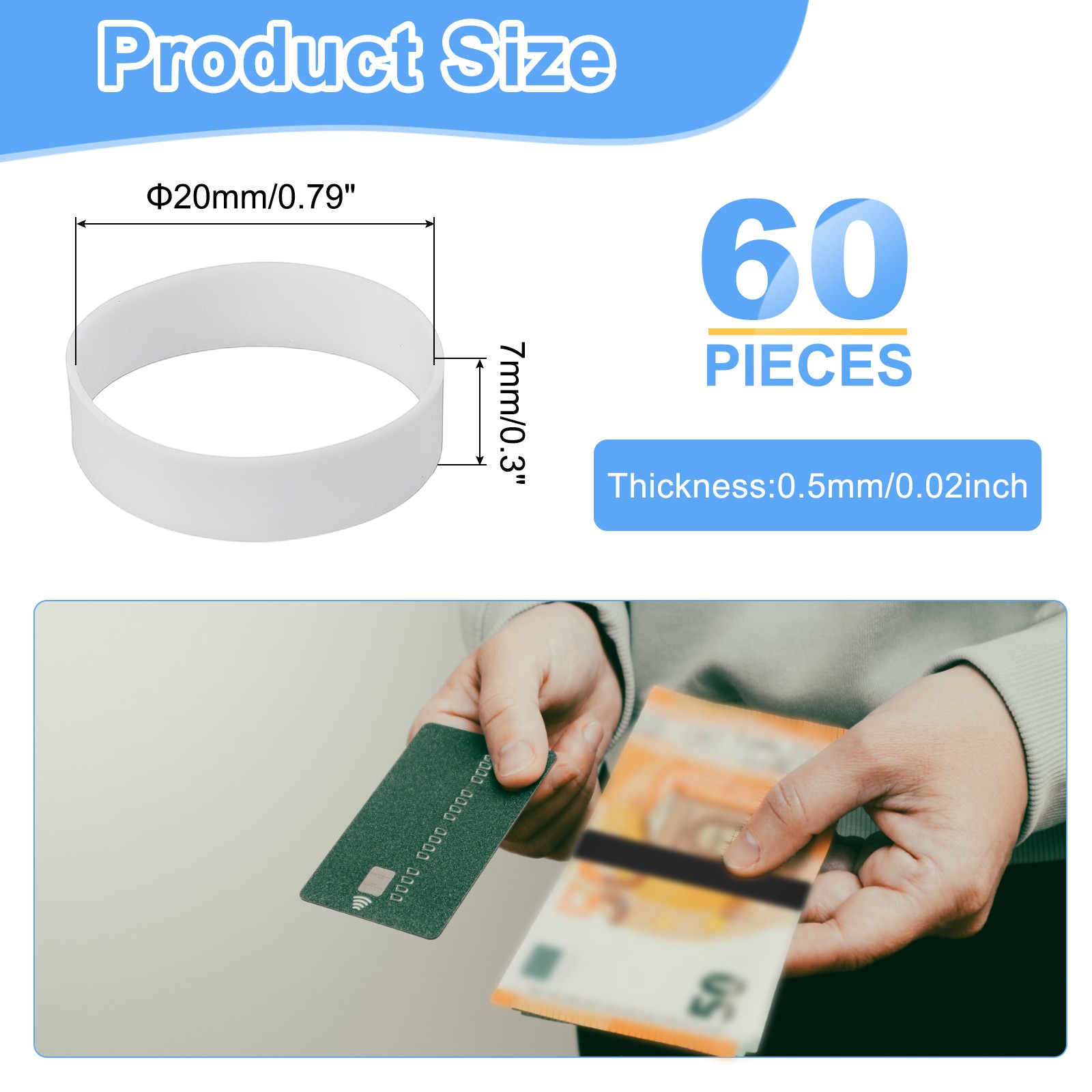 60Pcs Silicone Rubber Bands 20mm/0.8″ Rubber Bands Rings Cable Ties White