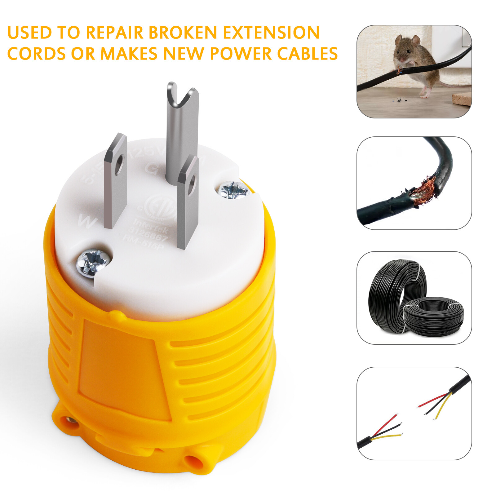 5 Sets Extension Cord Ends Male and Female Plug – 15 Amp 125 Volt NEMA 5-15 Plug