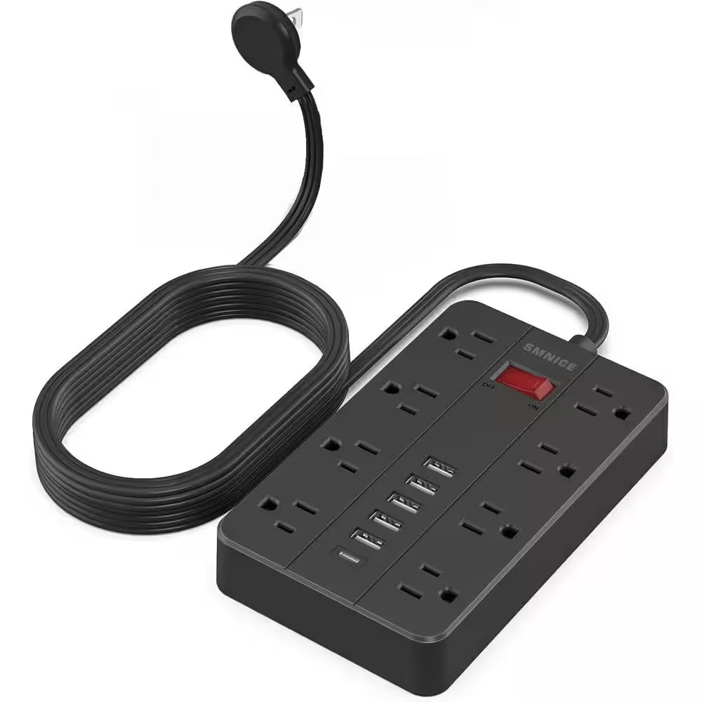 10 Ft. Power Strip Surge Protector with Flat Plug, 8-Outlets and 6-USB Ports (1-