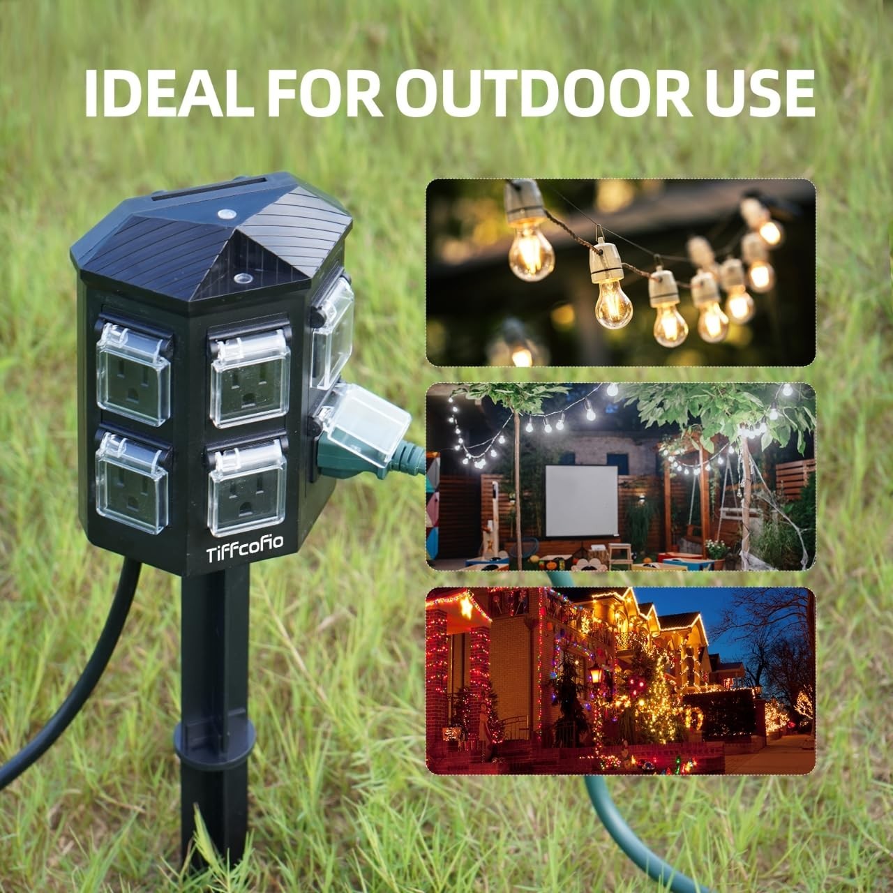 Waterproof Outdoor Power Strip with Stake, 90FT Extension Cord, 6 Outlets, 15A