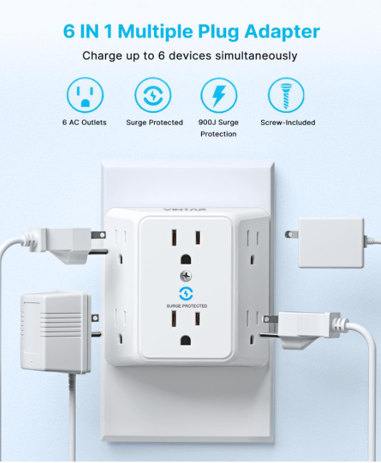 2 Prong to 3 Prong Outlet Adapter, 3 Sided 6 Outlet Widely Spaced Extender, Pola