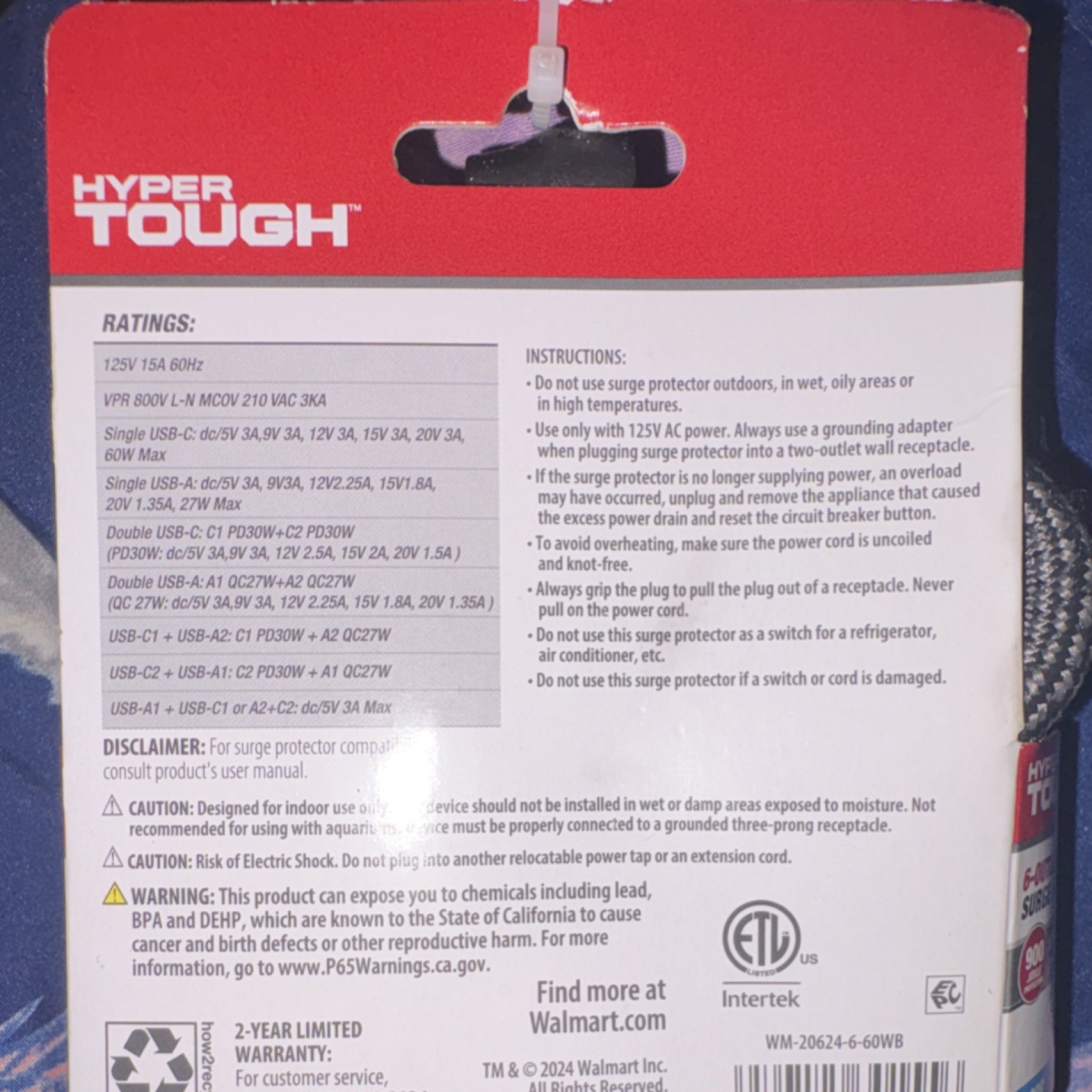 Hyper Tough 6-Outlet 4-USB Surge Protector, 6ft Cord, Black, United States Plug