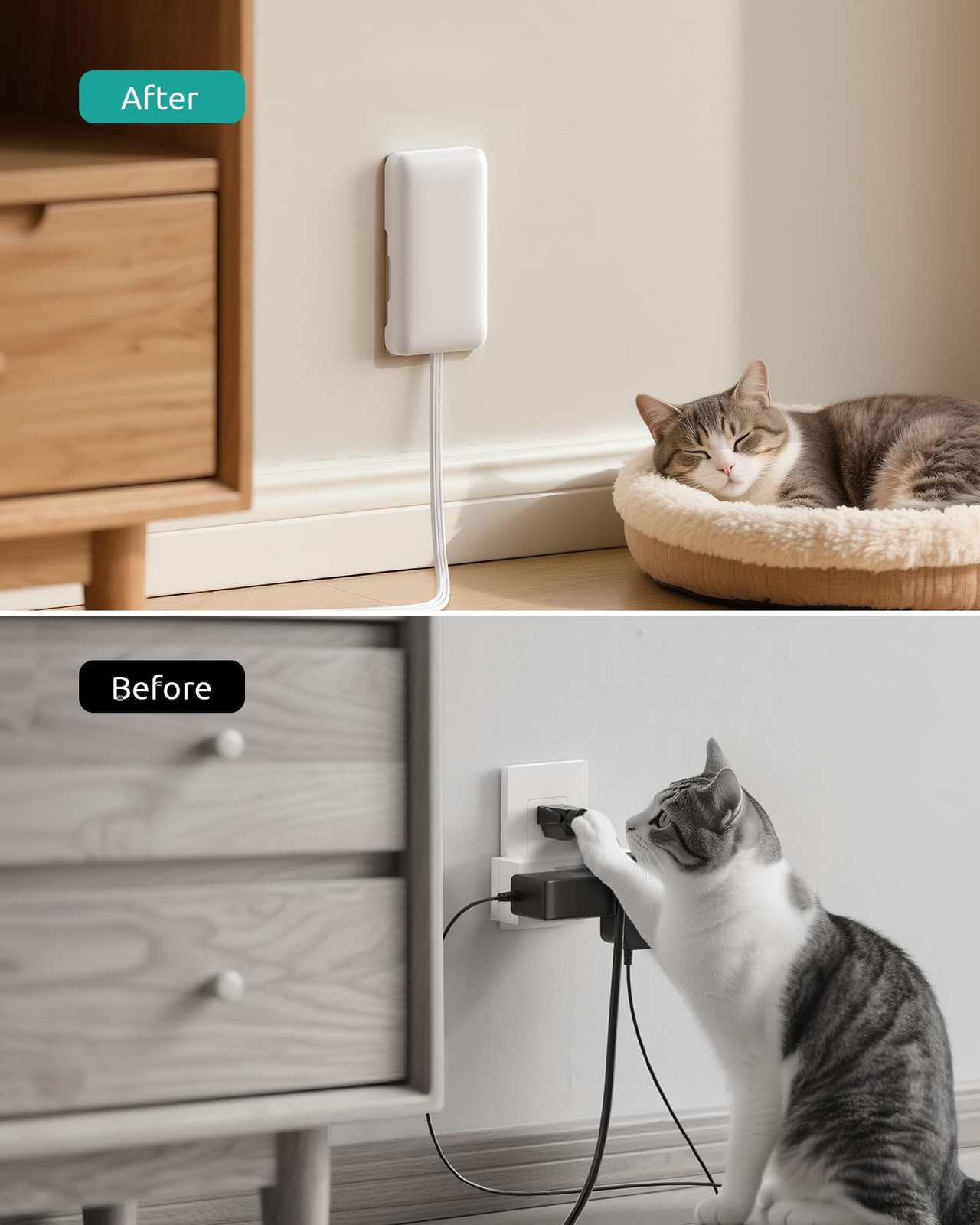 3Ft Flat Extension Cord with 3 Outlets, Flat Wall Plug & Flush Outlet Cover, 900