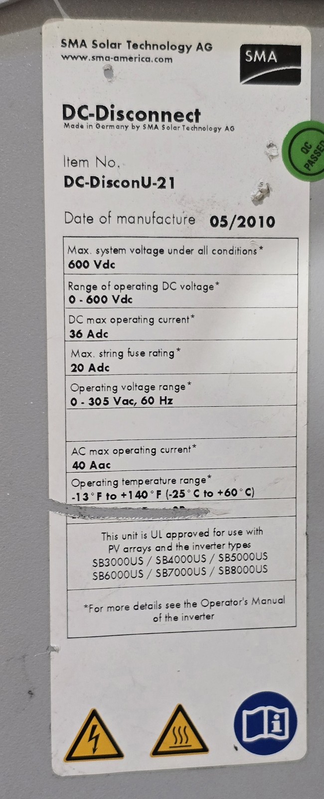 SMA Sunny Boy SB3000US Grid-Tie Solar Inverter 3000W 200-500VDC Disconnect