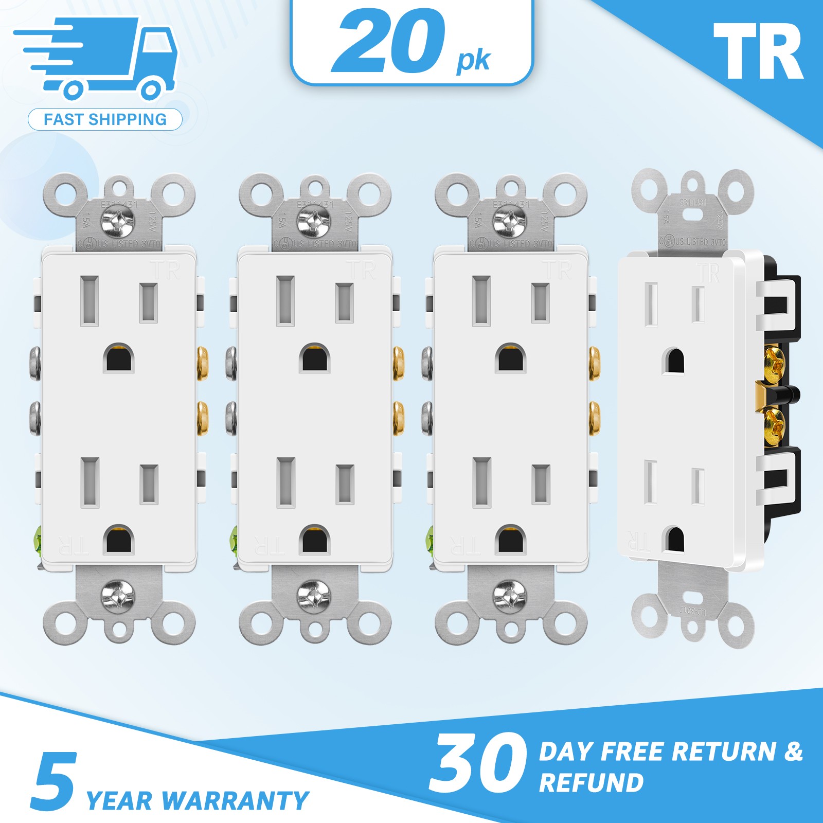 20PCS 15A 125V TR 5-15R Duplex Receptacle UL/CUL Self-Grounding Heavy Duty White