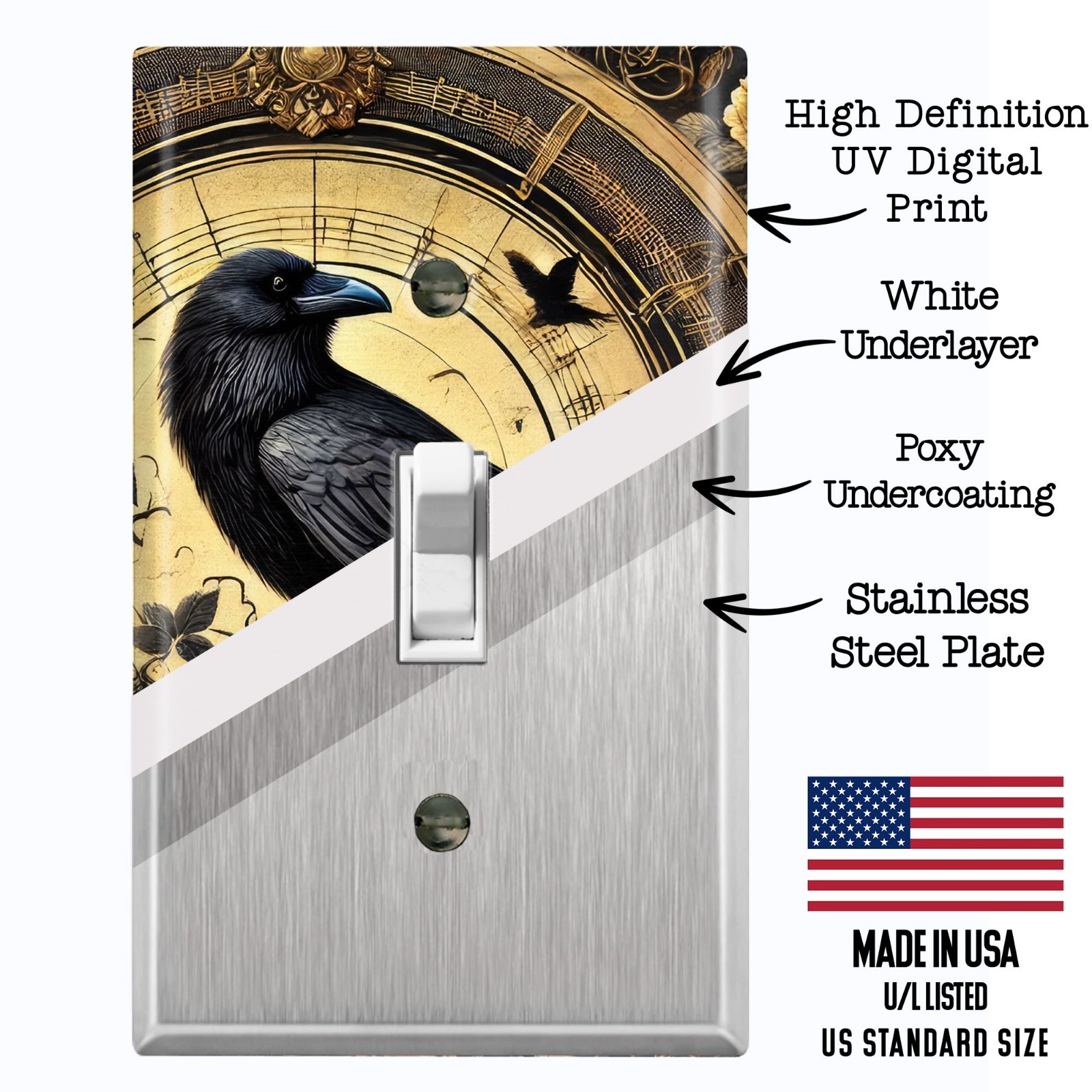 Metal Light Switch Outlet Cover Wall Plate Black Raven Crow Floral Clock AML247
