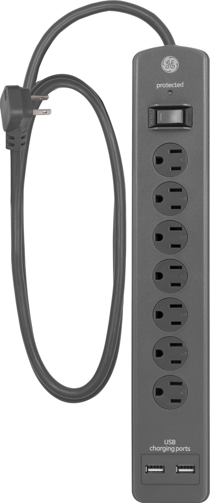 Surge Protector 7 Outlet 2 USB Port 4ft Cord 1500 Joules Flat Plug