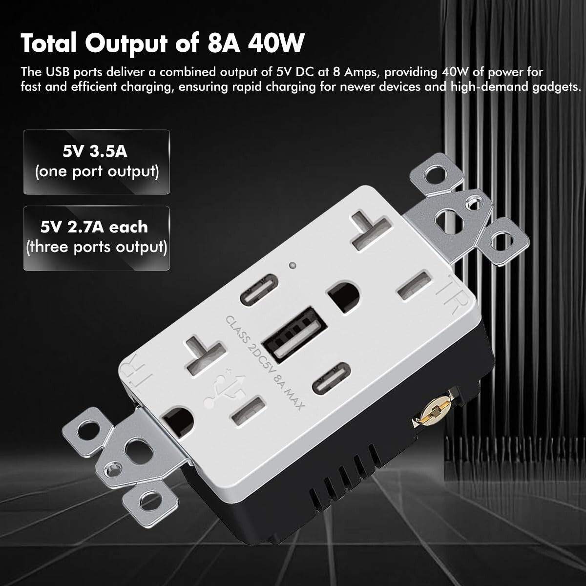 USB C Charger Wall Outlet C+A High Speed Receptacle 20-Amp Smart 8A Fast Charge