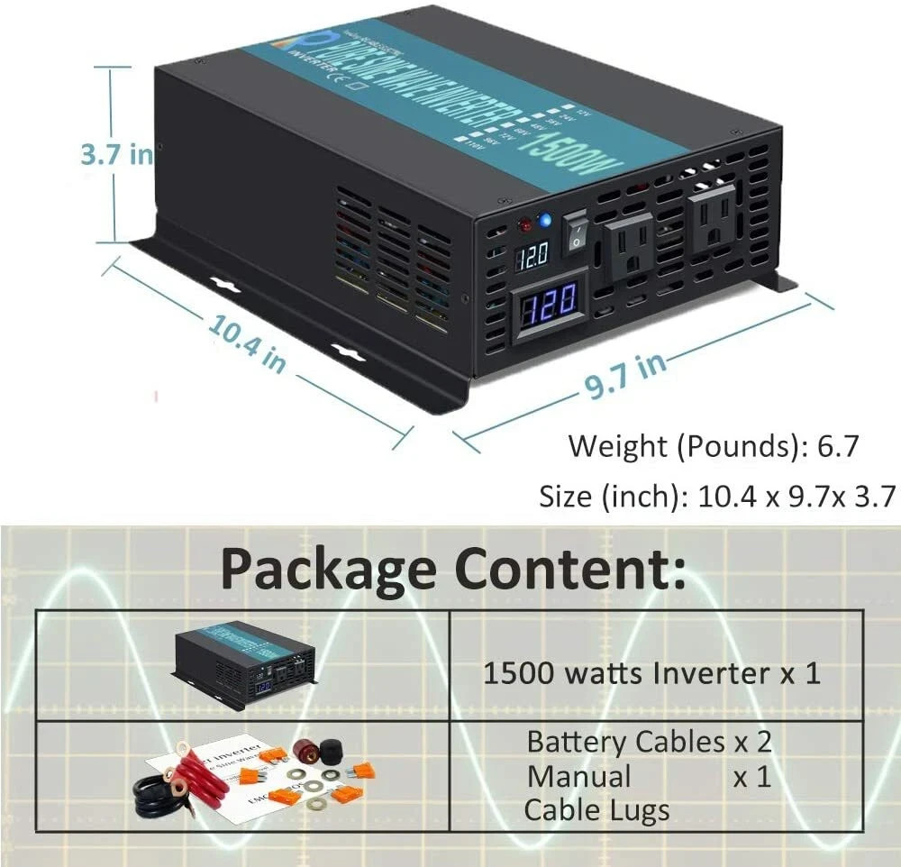 12v to 120V Pure Sine Wave Inverter 1500W for auto workshop or solar system