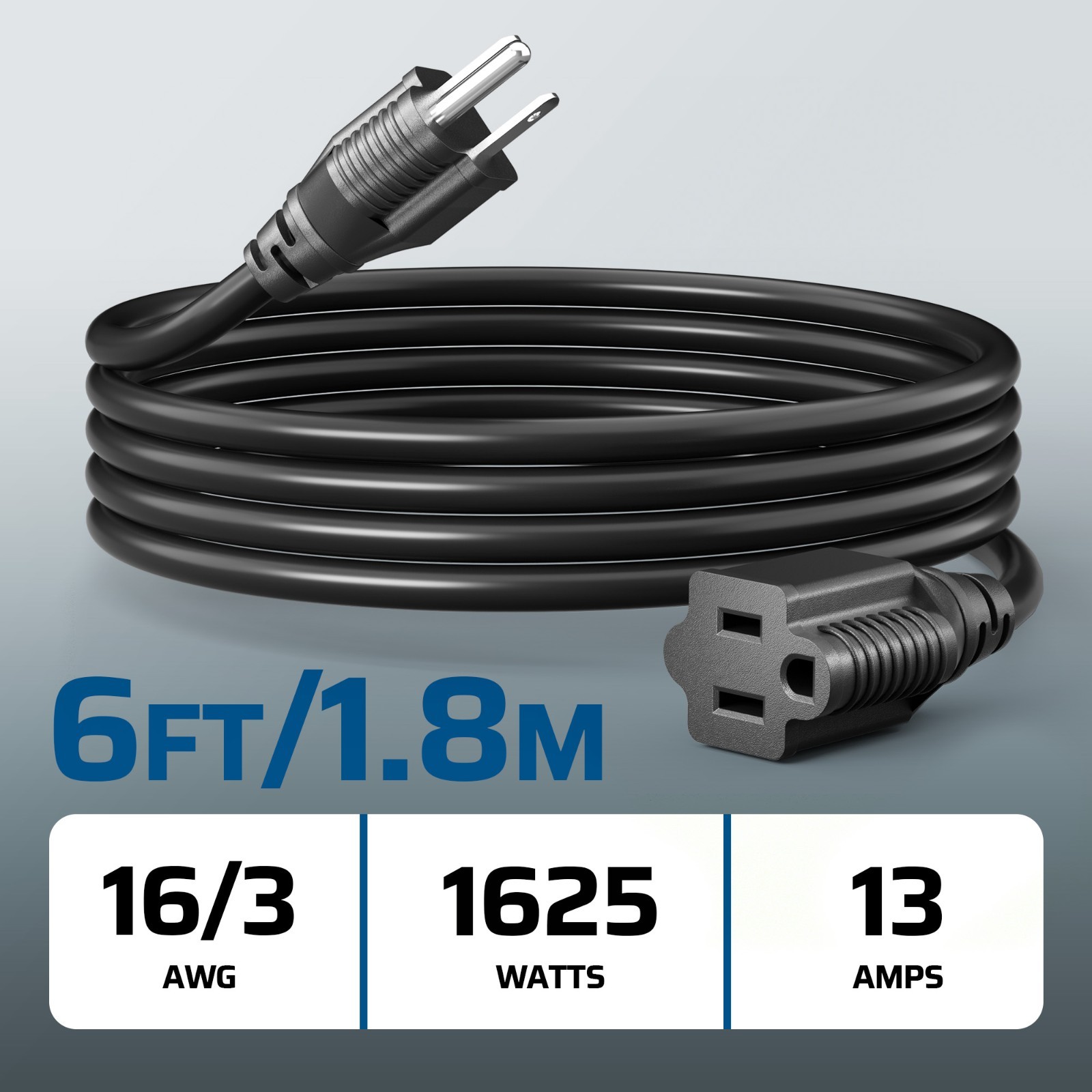 3 Pack 6ft Extension Cord for Indoor Outside 16 AWG SJTW 3 Prong Grounded Outlet