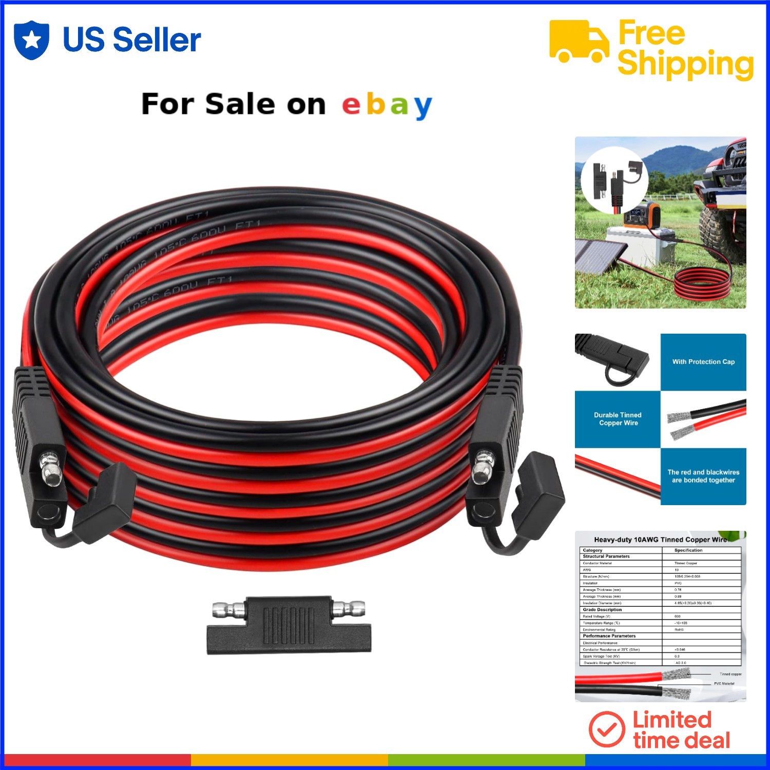 SAE Extension Cable Heavy Duty 25FT 10AWG Tinned Copper Marine RV Automotive
