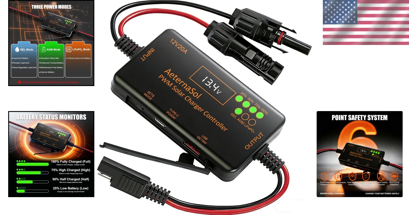 Compact PWM Solar Charge Controller 12V 20A with Type-C Output for Off-Grid