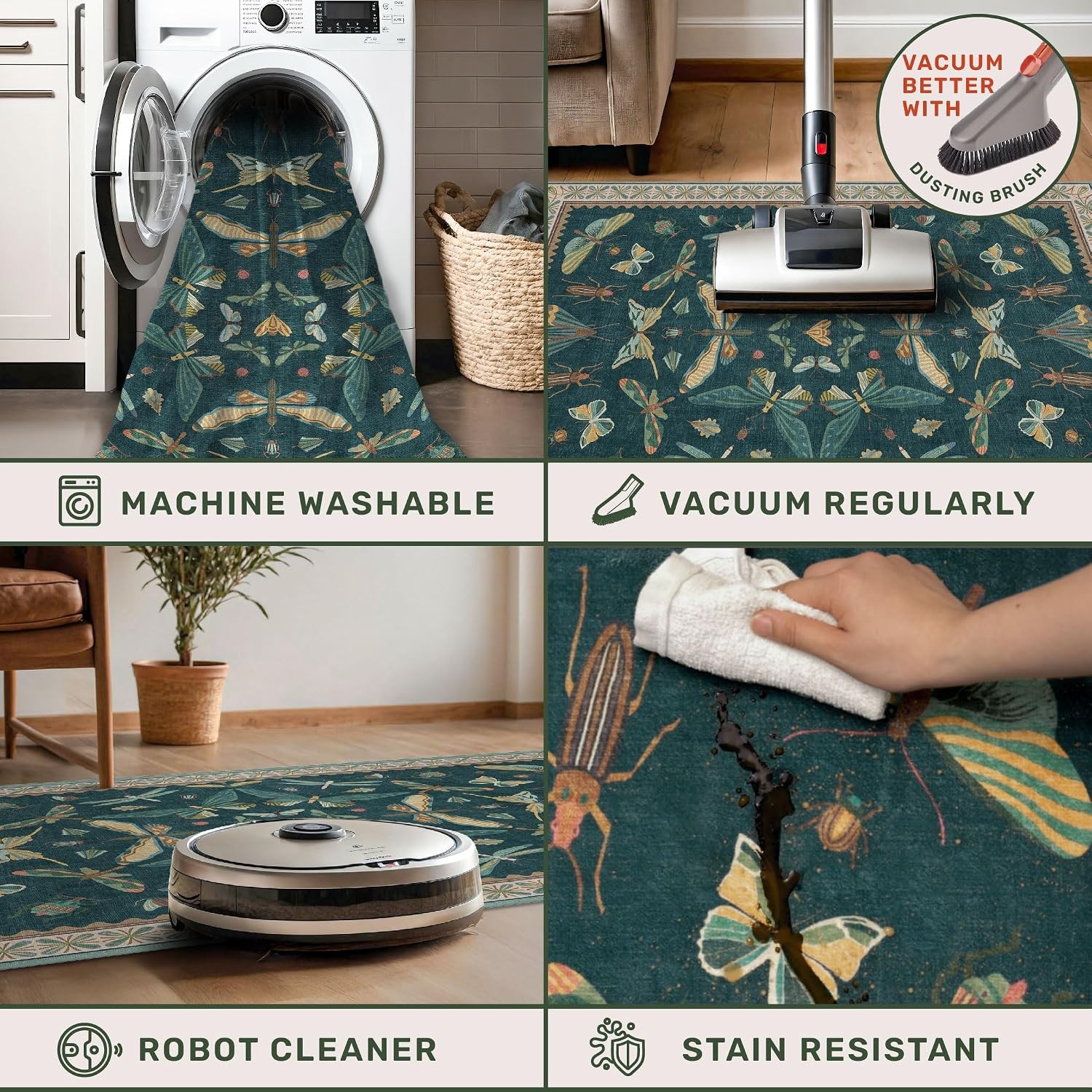 Vintage Teal Area Rugs for Living Room 6×8 – Floral & Butterfly Pattern Dining