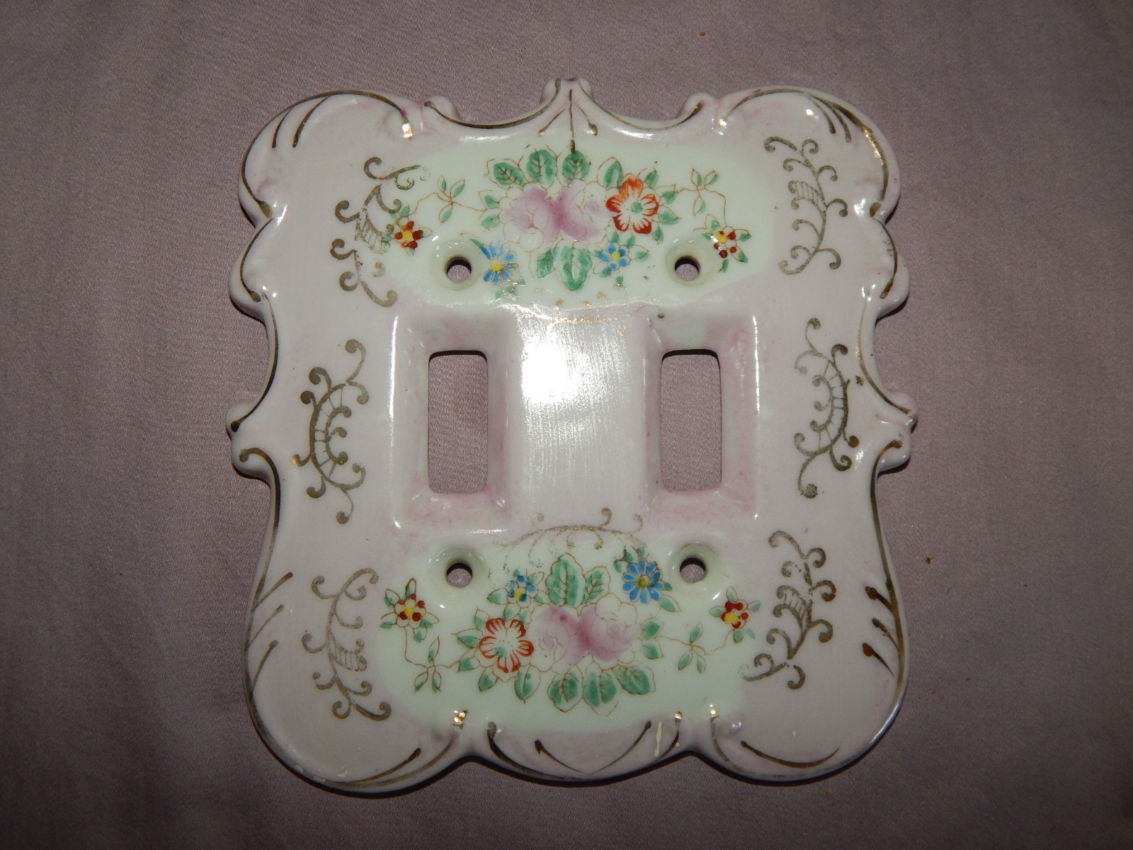 Vintage 6884P Pink Floral Porcelain Double Toggle Light Switch Plate Cover Japan