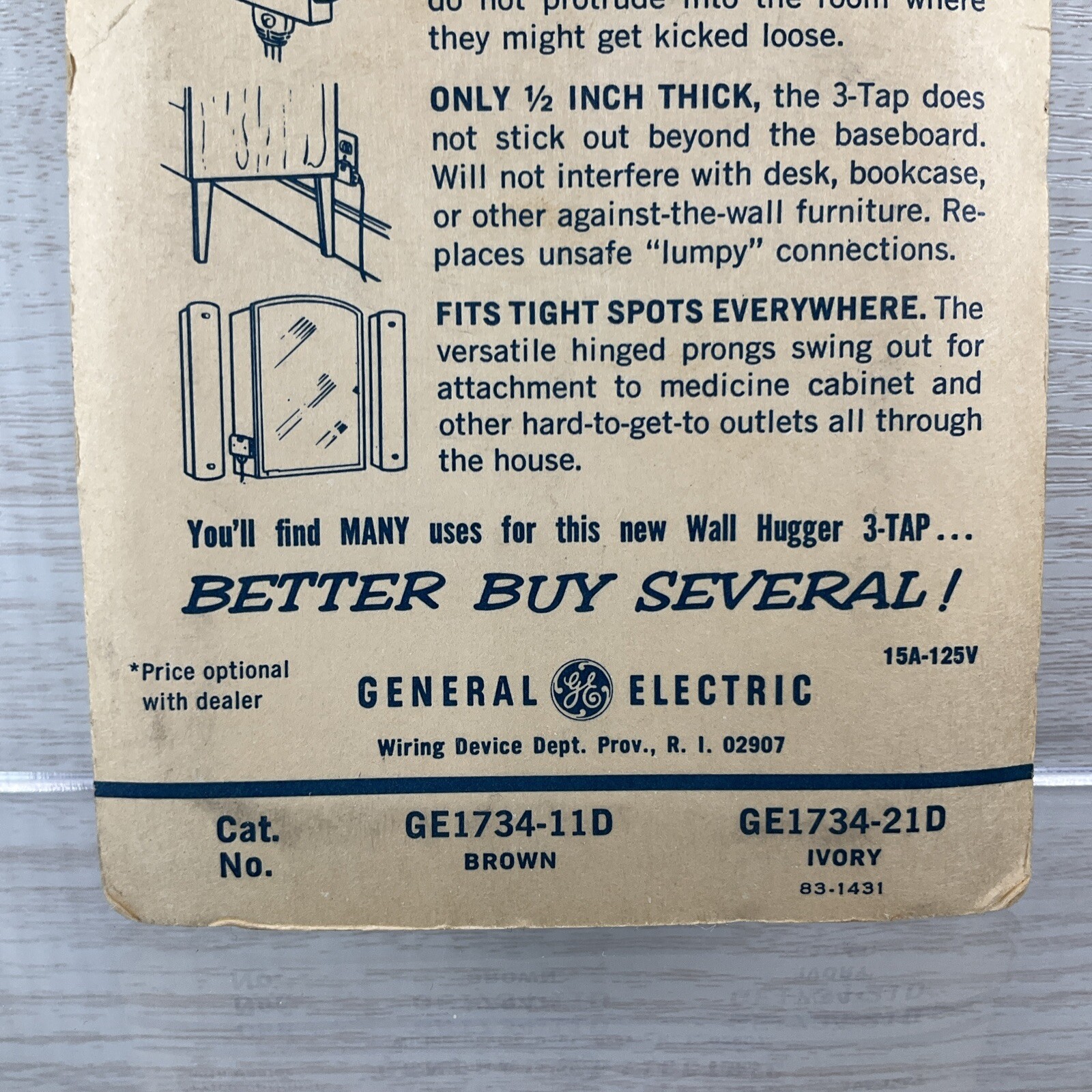 GE Wall Hugger Tap 3 Plug-in Outlets 15A 125V 4E – GE1734-11D NOS
