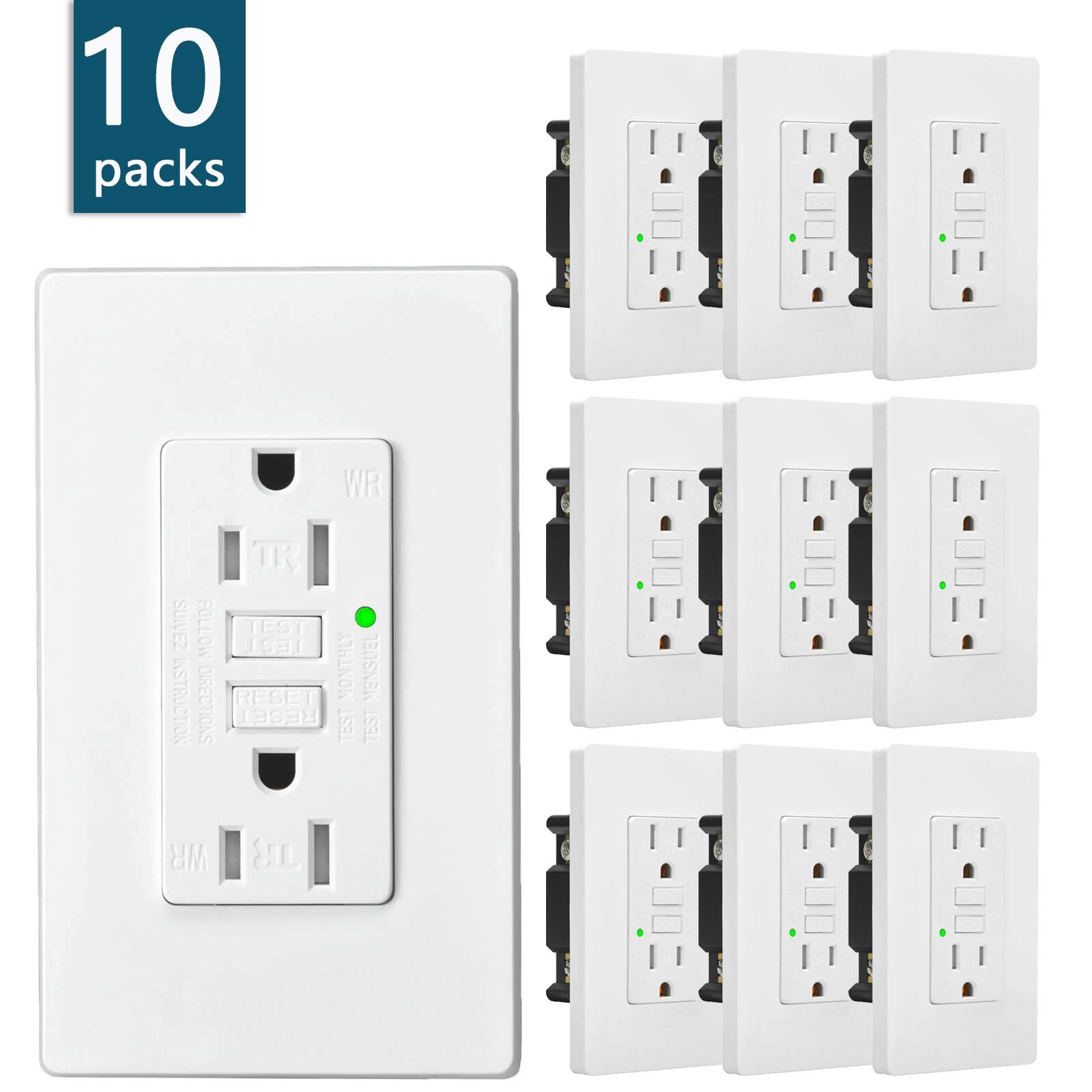GFCI GFI Outlet 15 Amp Safety Receptacle Plug LED Indicator TR WR with Plate ×10