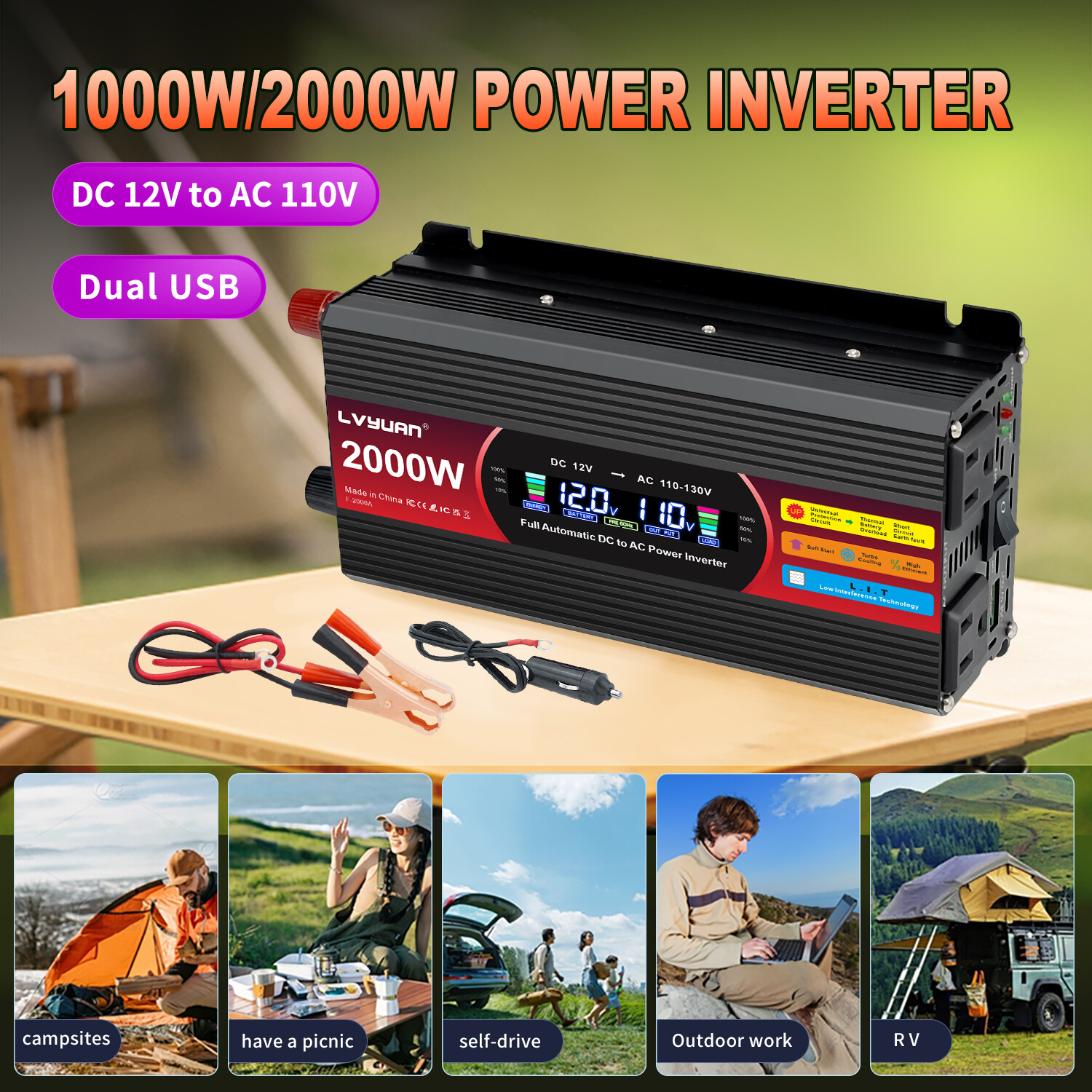1000W 2000W Power Inverter 12V to 120V LCD 2AC 2USB Car 150W-Adapter Converter