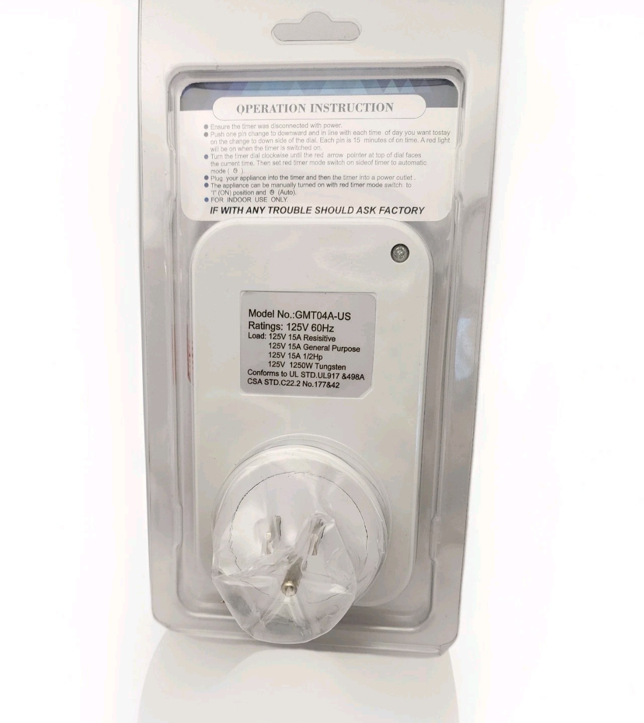 Plug-in Mechanical Timer Model 24 Hours Programmable 15 Amps GMT04A-US New