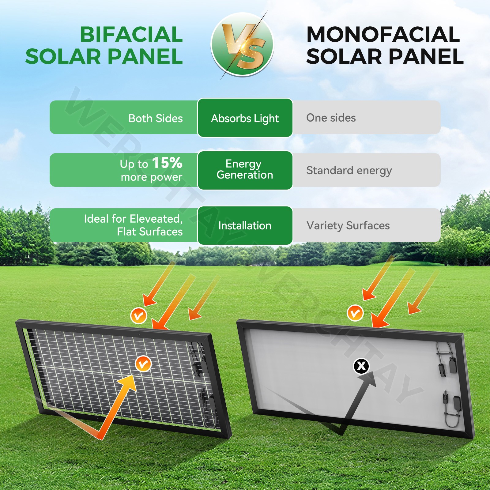 100 Watt Solar Panel Bifacial 12V Home PV Power Off-Grid RV Camper System Carava