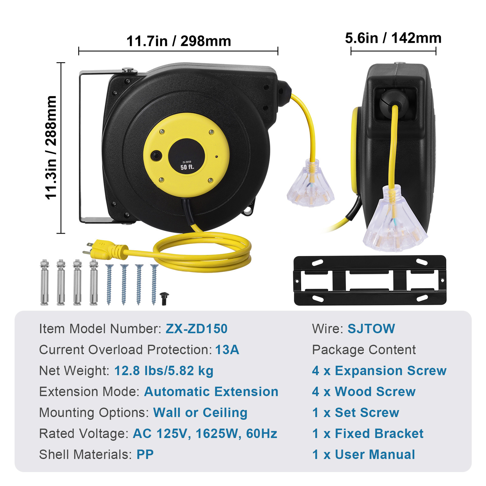 VEVOR Retractable Extension Cord Reel Power Cord Reel 50FT 14AWG/3C SJTOW