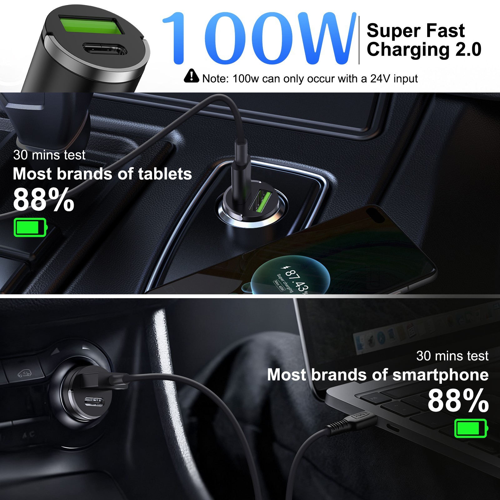 60W Super Fast Car Charger 2-in1 Cigarette Lighter Adapter Charging For USB