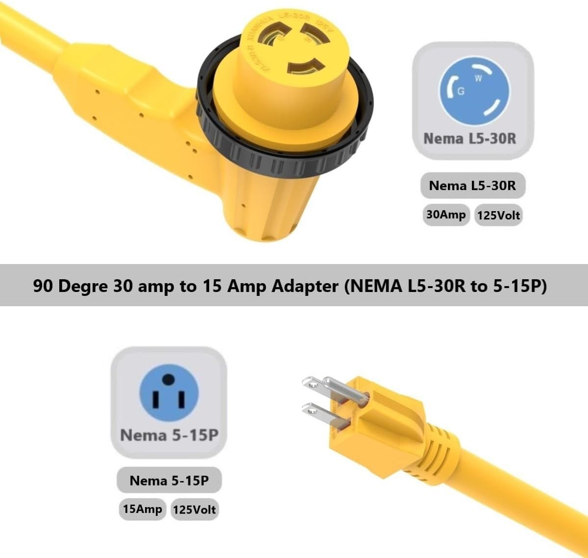 15FT 30-Amp to 110-RV Shore Power Extension Cord, NEMA 5-15P to L5-30R,10AWG 30A