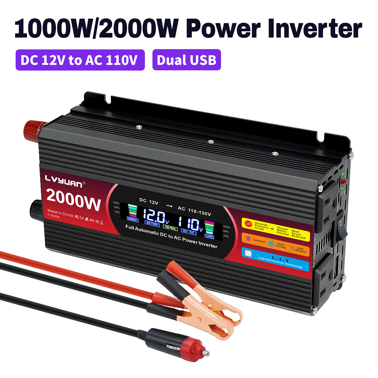 1000W 2000W Power Inverter 12V to 120V LCD 2AC 2USB Car 150W-Adapter Converter
