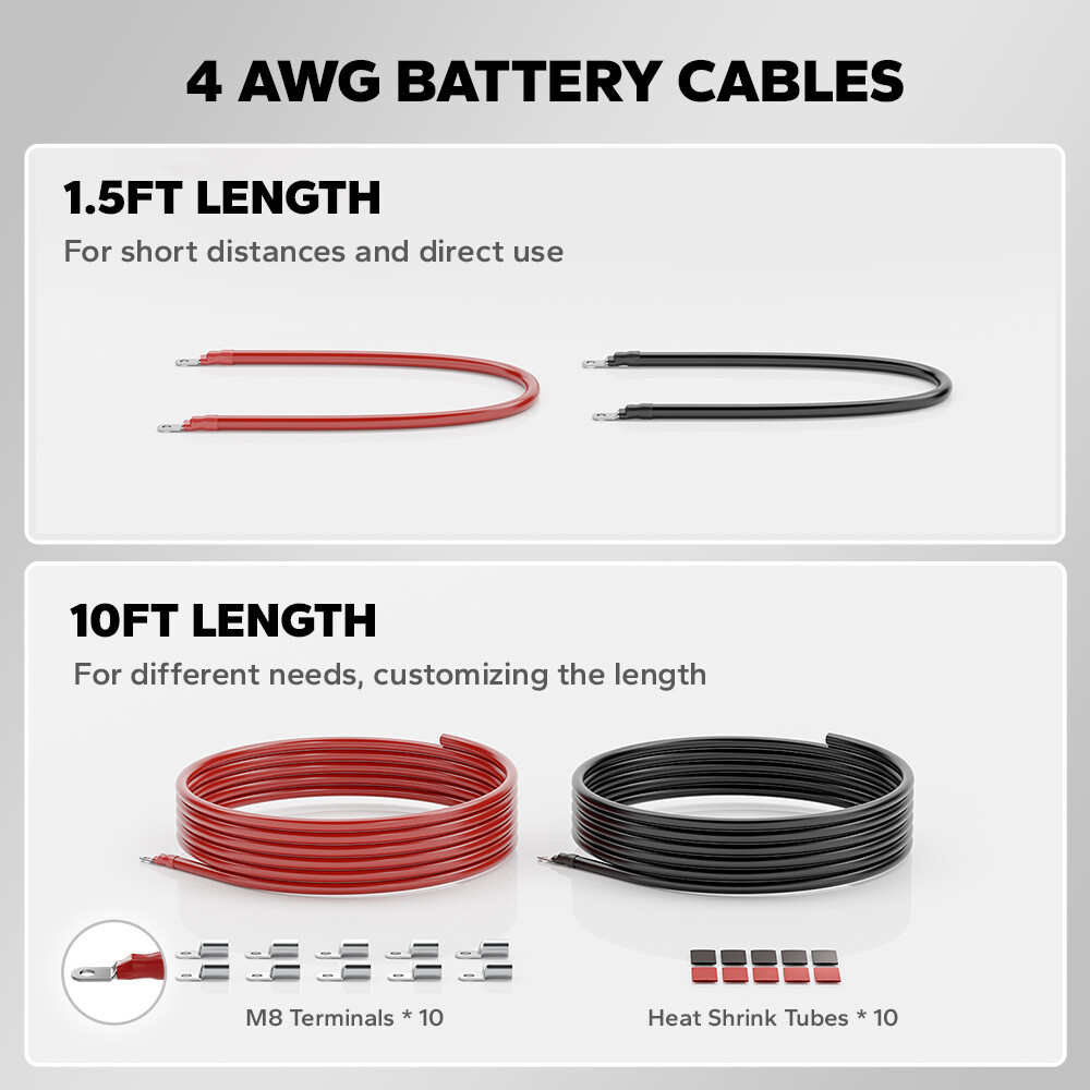 LiTime 4AWG 1.5FT/10FT Battery Cable 125A 600V Electrical Wire M8 Terminals