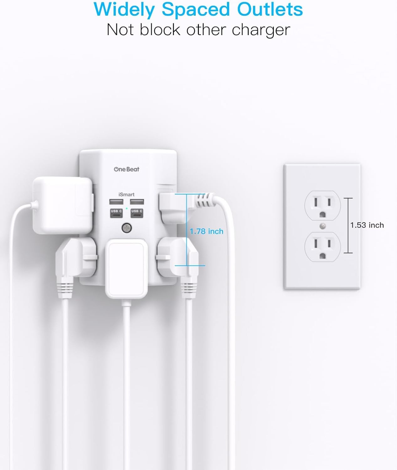 One Beat 1680J 3 Side Power Strip Multi Plug 15.5W,1Pack,None, White