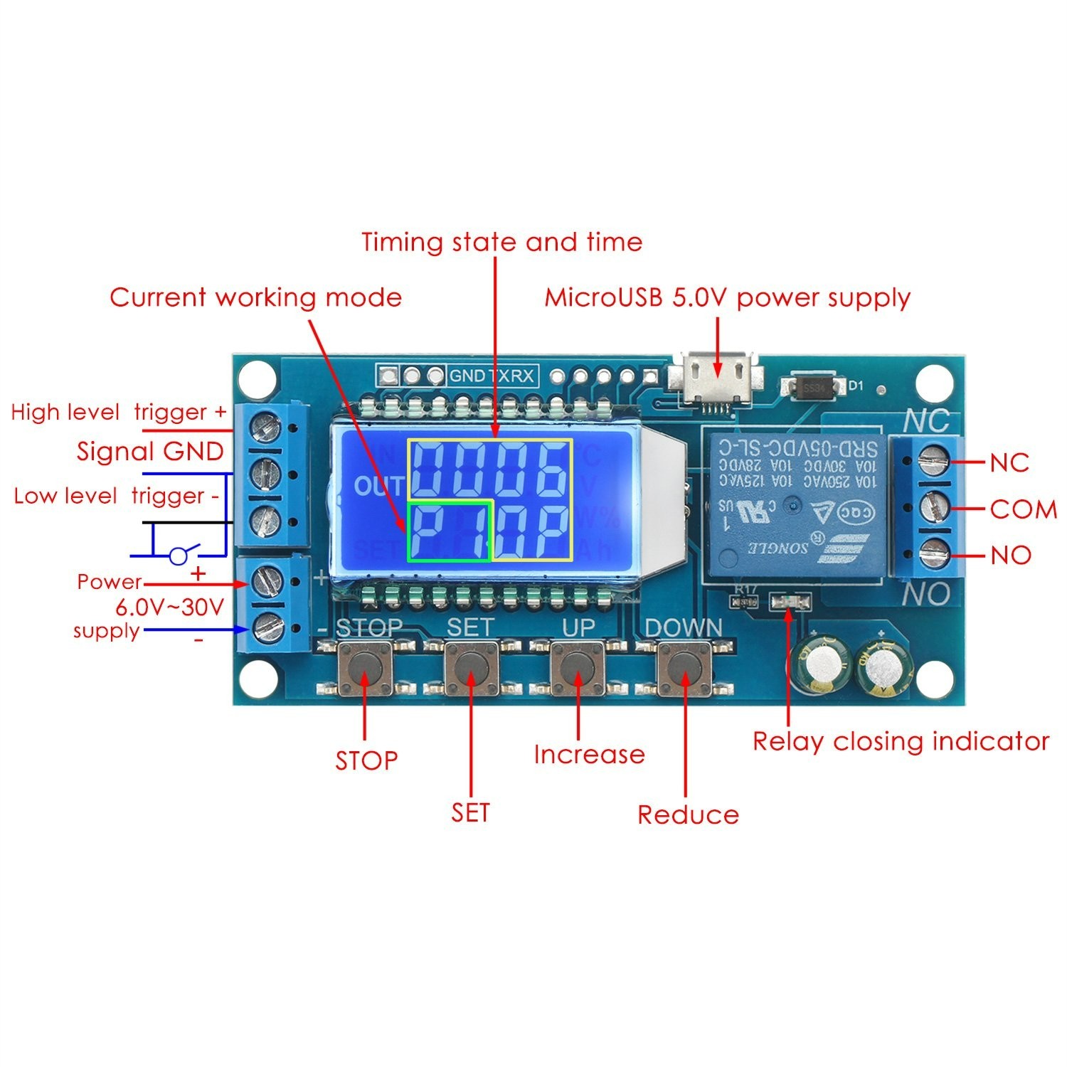 Versatile Timer Relay Module – LCD Display, 5V/12V/24V, Time Delay Up to 9999min