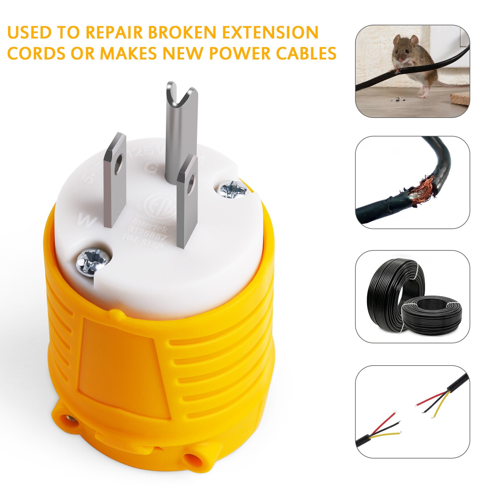 10Pcs 15A 125V Female & Male Extension Cord Replacement Electrical Plugs 3 Prong