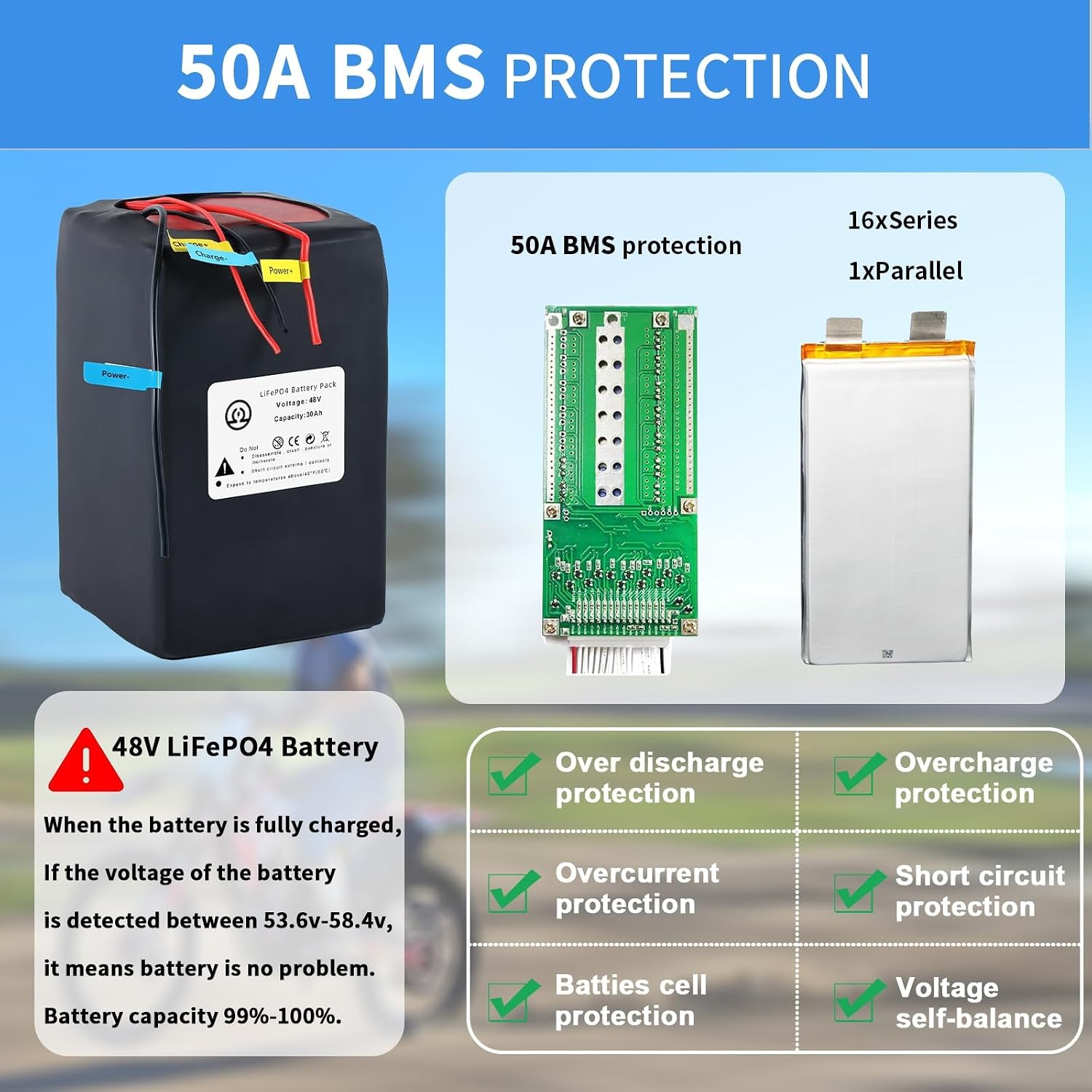48V E_bi/ke Lifepo4 30Ah Battery Pack for E B_ike Sc_ooter 5A Charger 50A BMS
