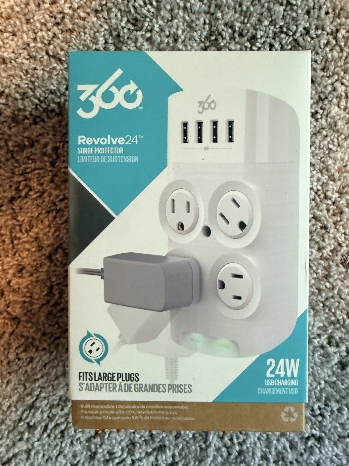 Rotating 360 Surge Protector 4 outlets With USB White 1080 J- NEW IN BOX