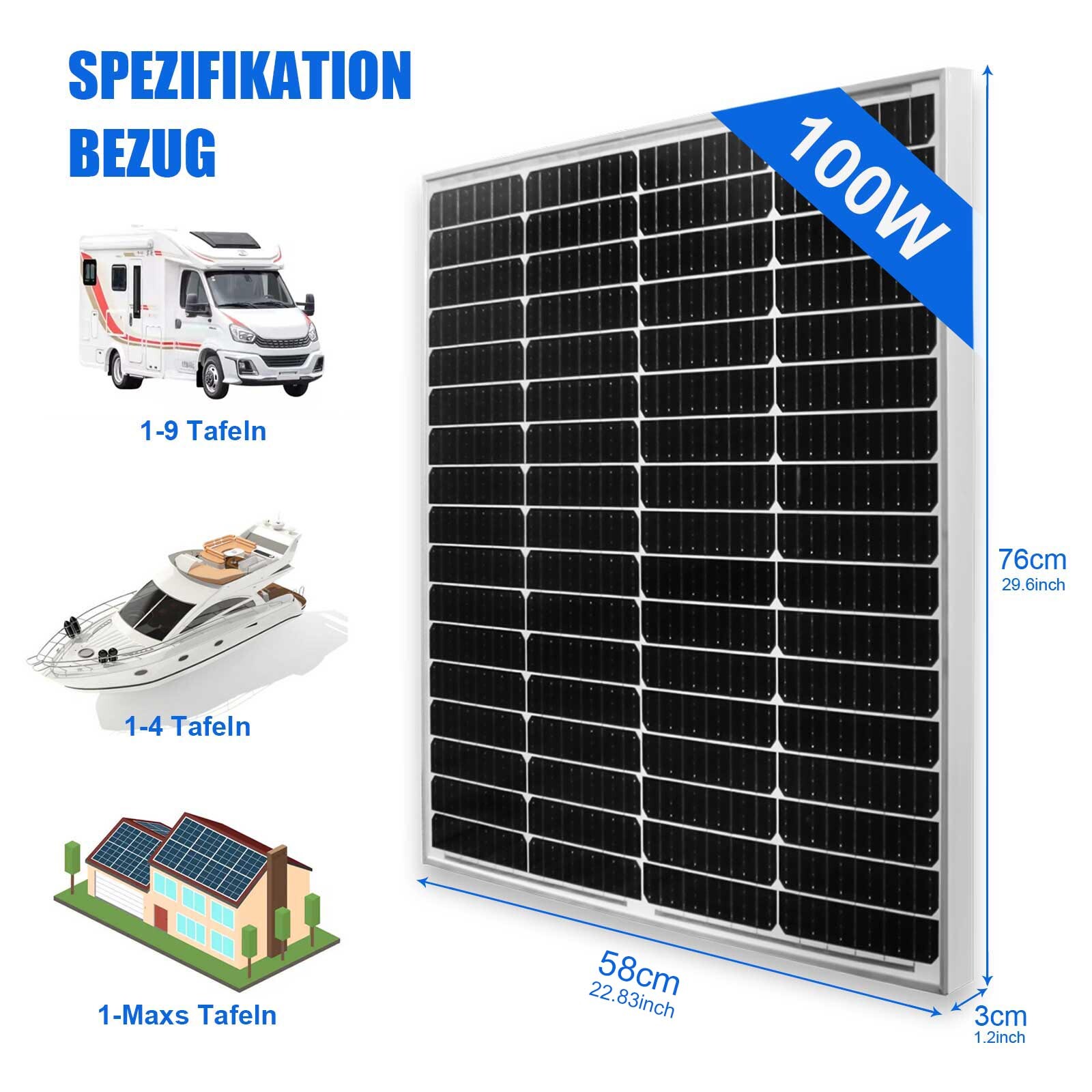 PFCTART 100W 200W 400W 1000W Watt Monocrystalline Solar Panel PV 12V Home RV