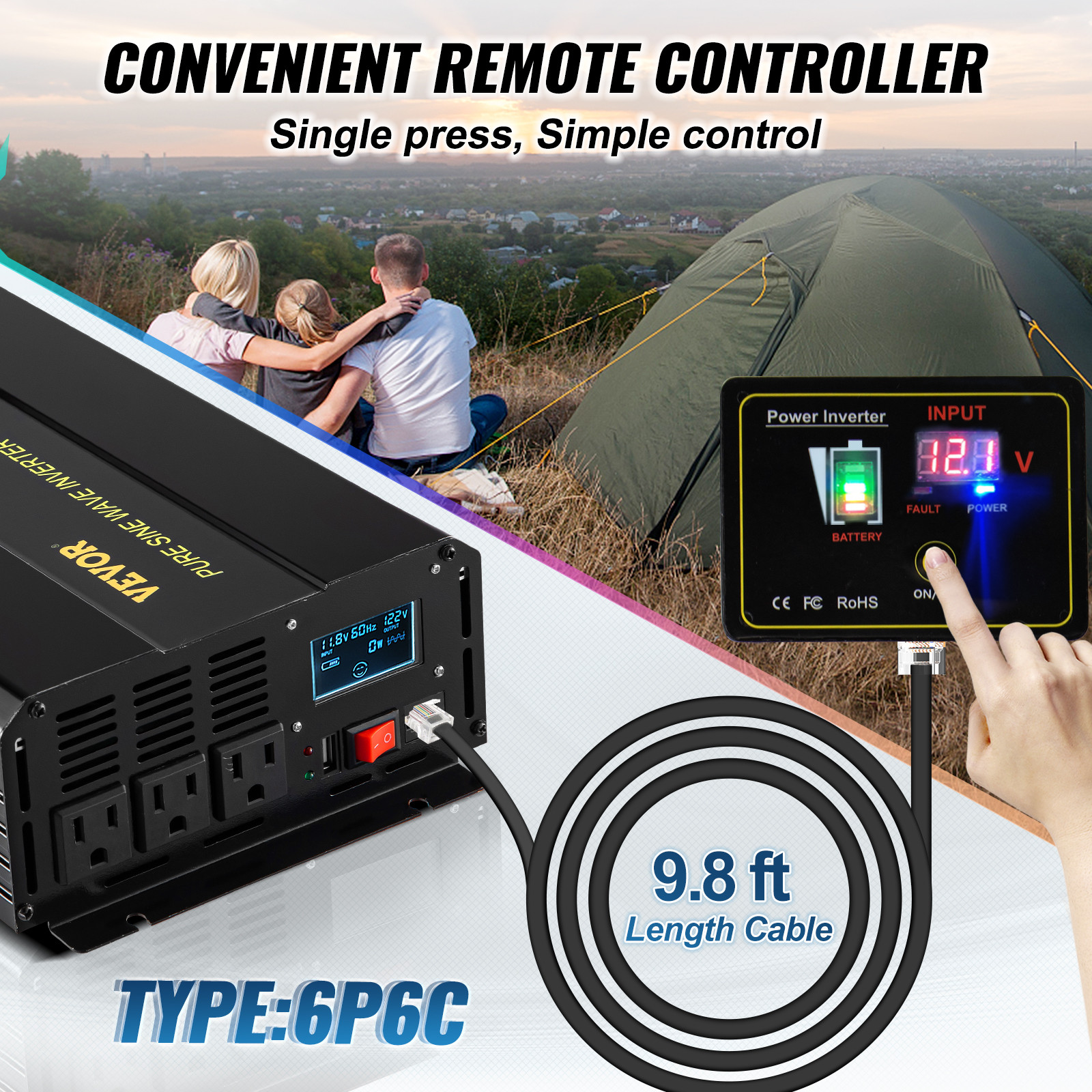 VEVOR Pure Sine Wave Inverter Power Inverter 2500W DC12V to AC120V Inverter LCD