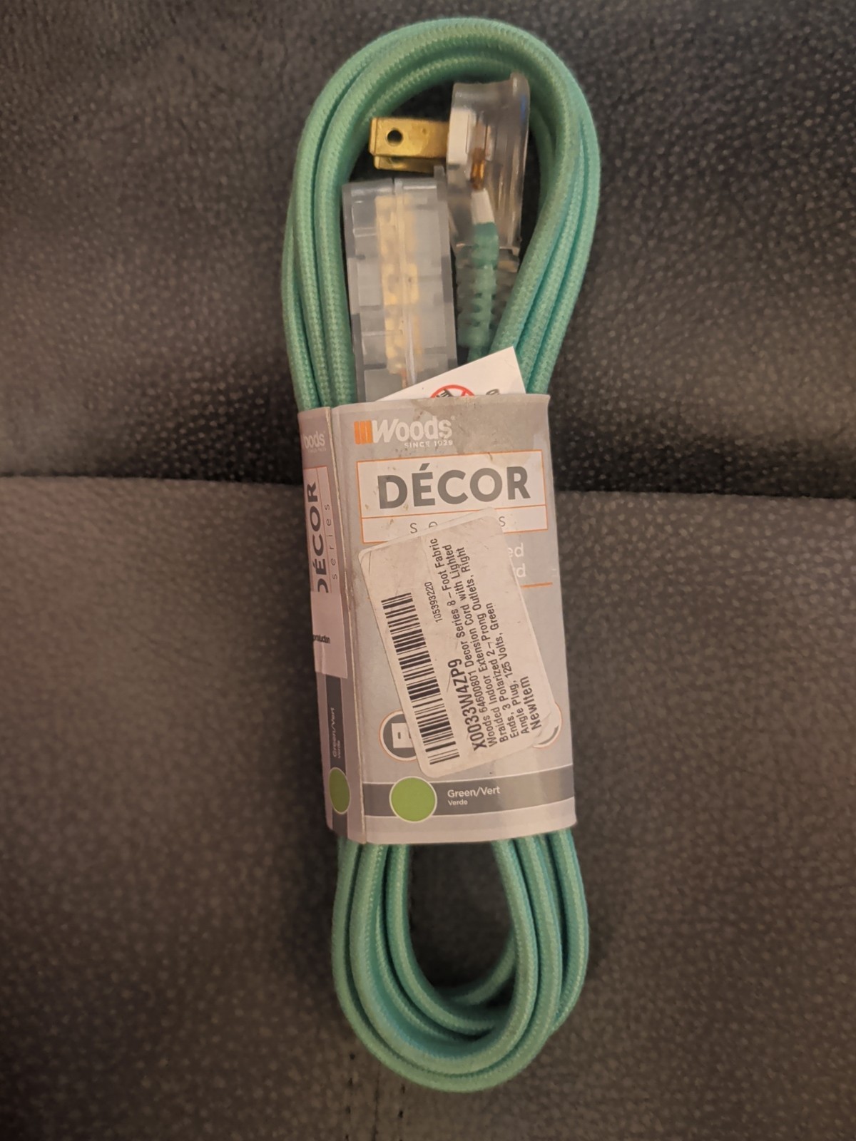 Decor Series 8-Foot Fabric Braided Indoor Extension Cord with Lighted Ends Green