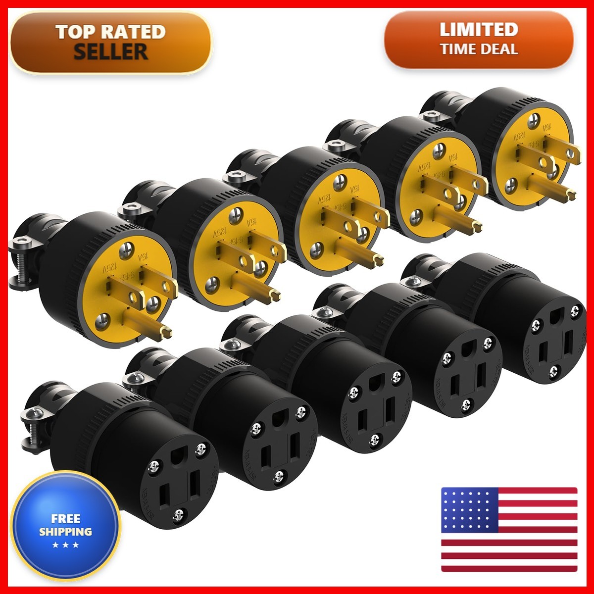ThunderWay Plug Connector Set 15A 125V NEMA 5-15P 5-15R Black 5Set