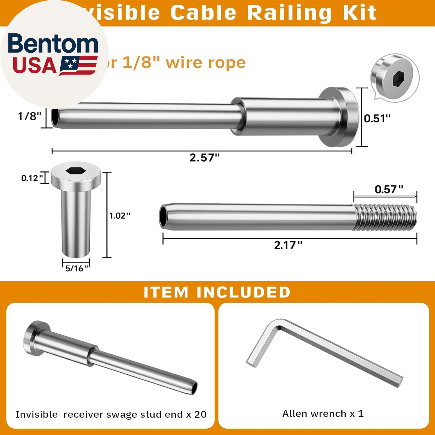Invisible Cable Railing Kit – 20 Pack 1/8″ T316 Stainless Steel Invisible Receiv