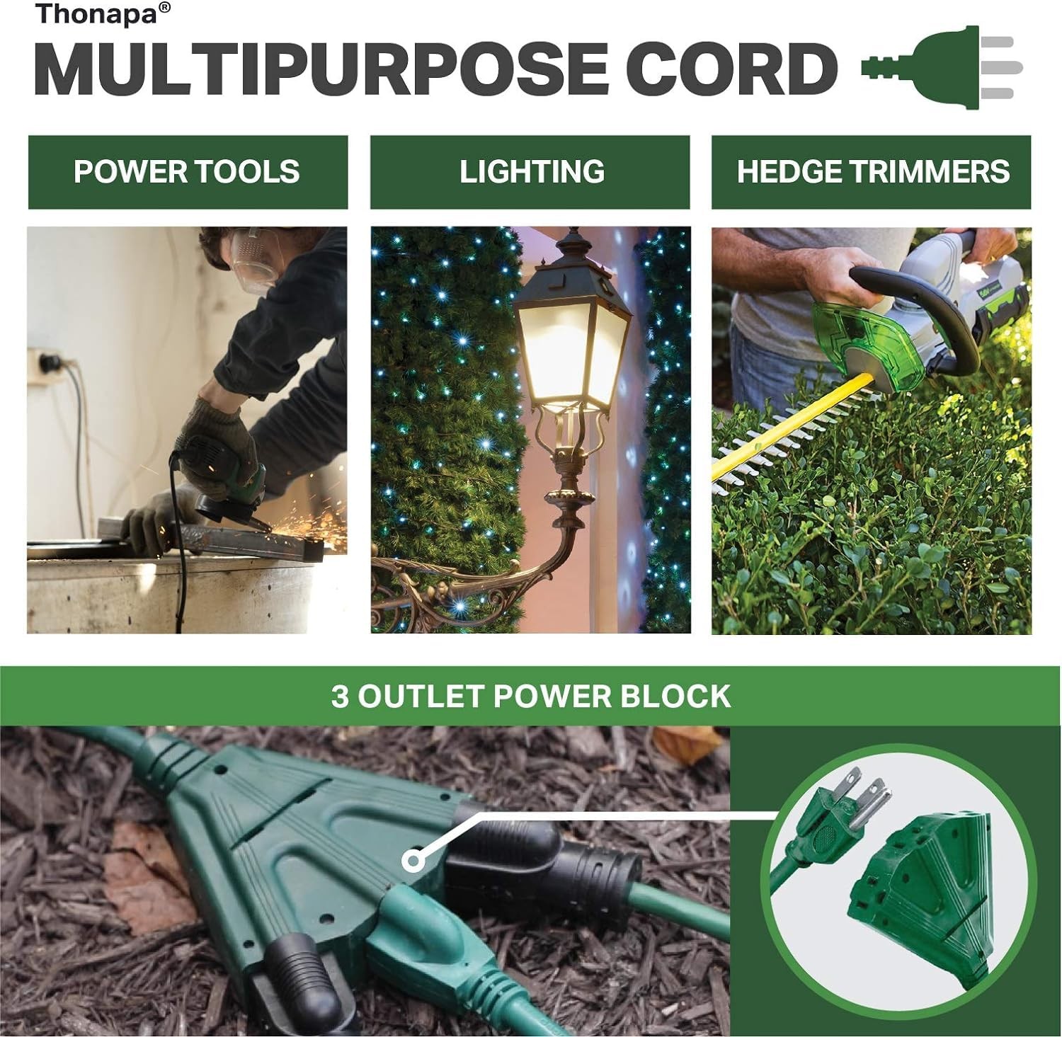 15 Foot Outdoor Extension Cord with 3 Electrical Power Outlets – Green