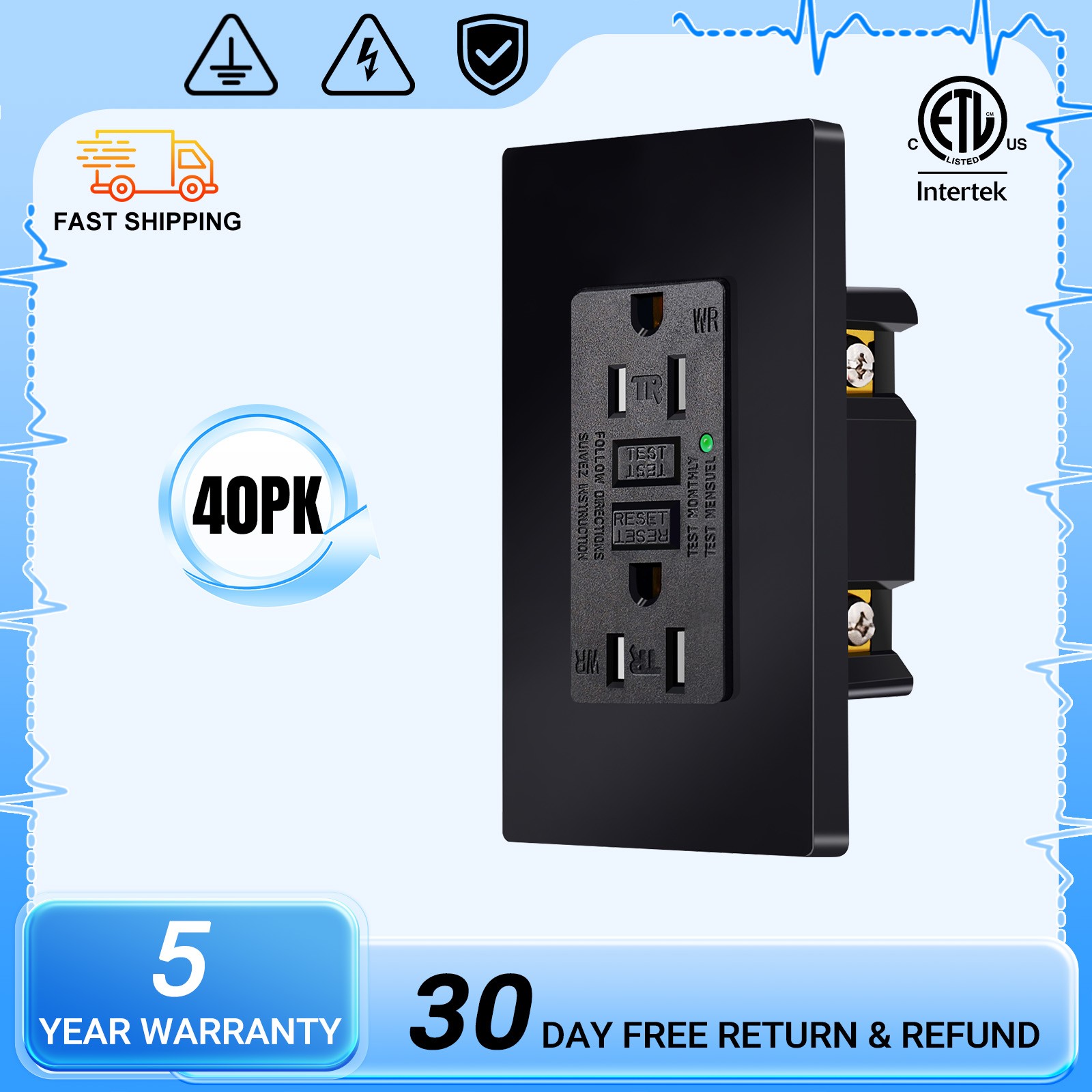 40PCS WR TR GFCI Black Receptacle 15A with Wall Plate LED Light ETL Certified