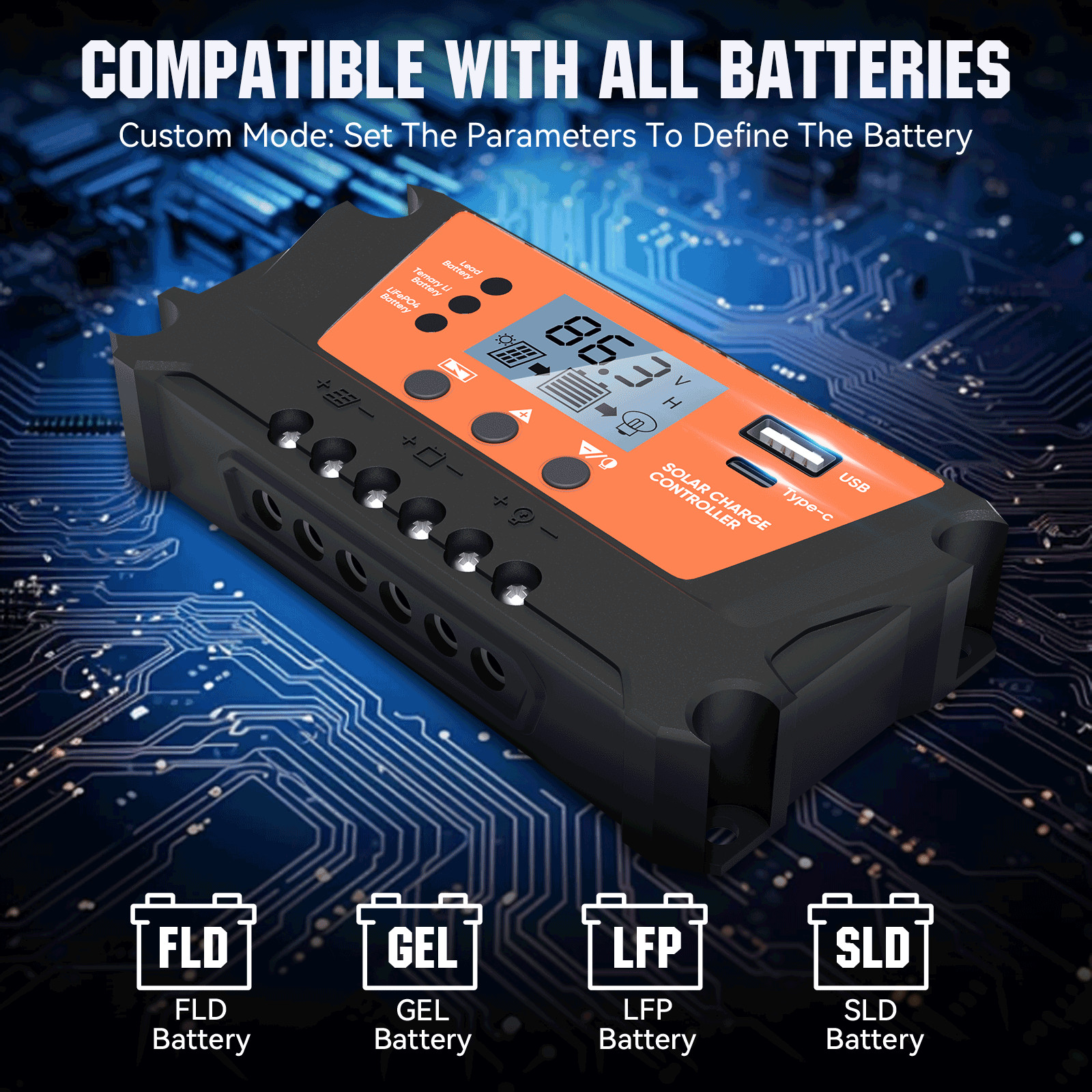 30 Solar Panel Battery Charge Controller 12V/24V USB Type-C Auto Regulator LCD