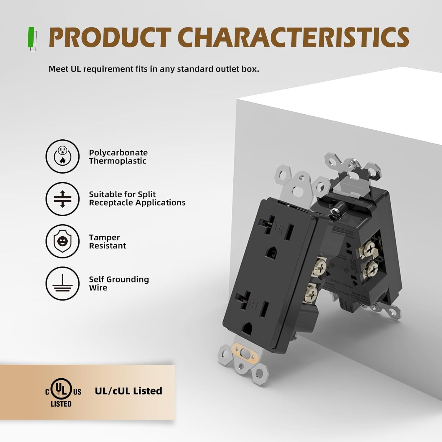 Black Decora Electrical Wall Outlets, 3-Wire, 20A 125V, 2-Pole, 10 Pack
