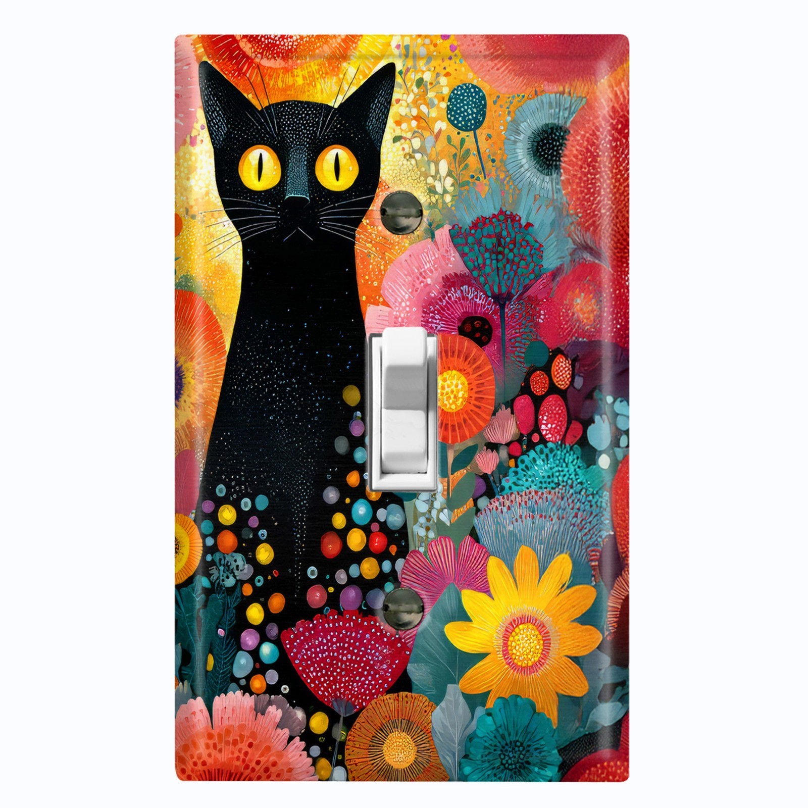 Metal Light Switch Outlet Cover Wall Plate Colorful Flowers Black Cat FWR228