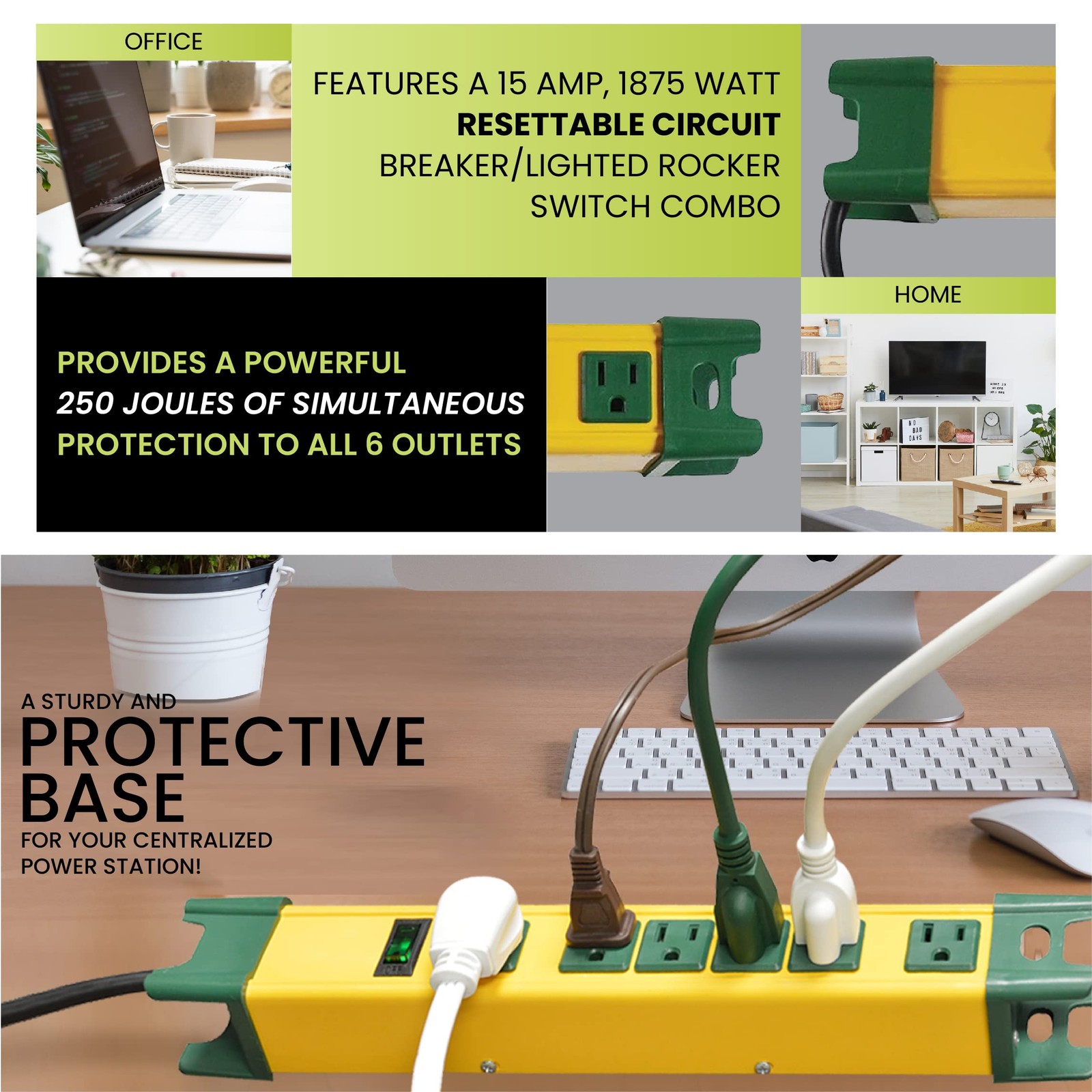 GoGreen Power (GG-26114) 6 Outlet Metal Surge Protector, 250 Joules, Yellow/G…