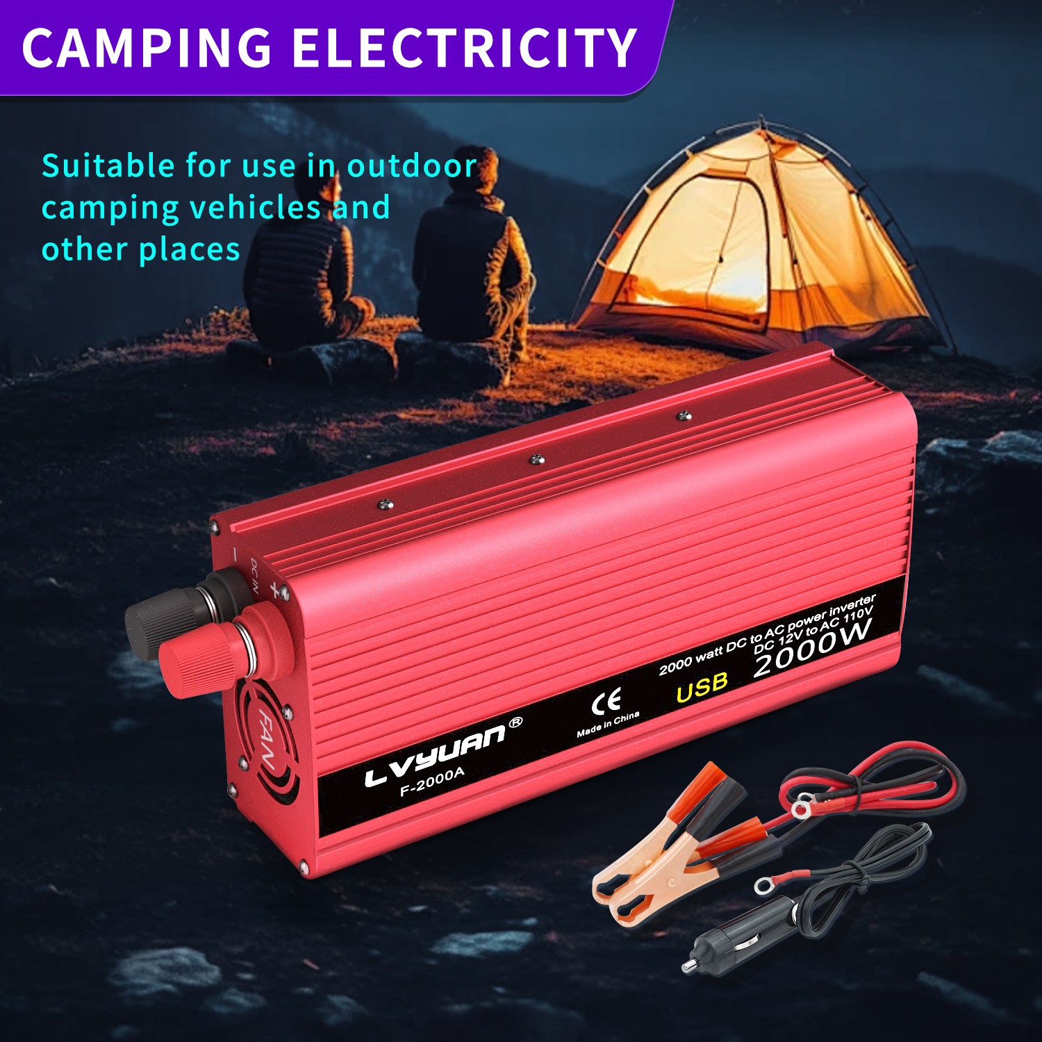 1000W / 2000W Peak Power Inverter 12V DC to 110V AC Converter with Battery Clamp